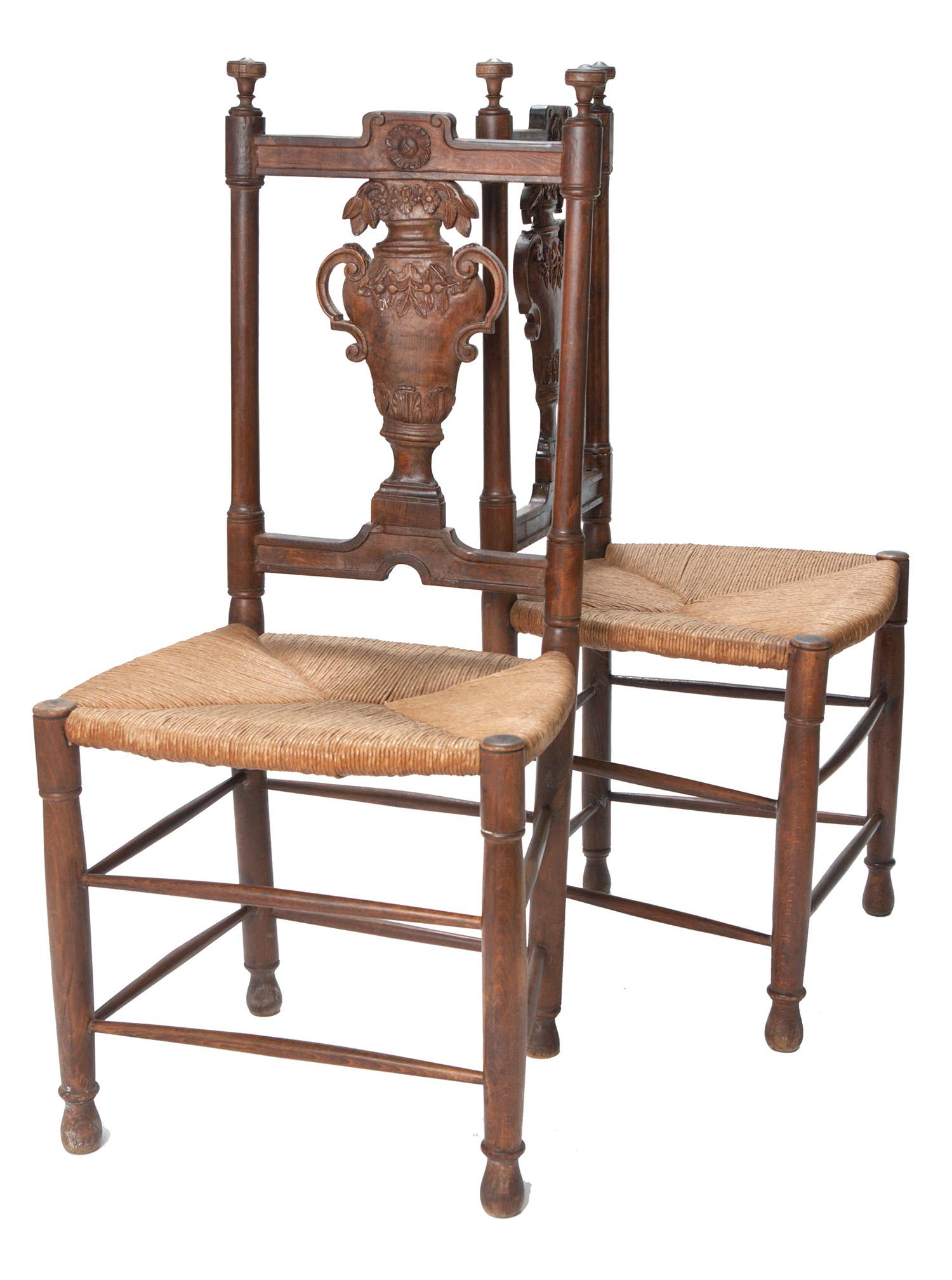 Fruitwood Rustic Handcarved French Dining Chairs/ Rush Seats S/4