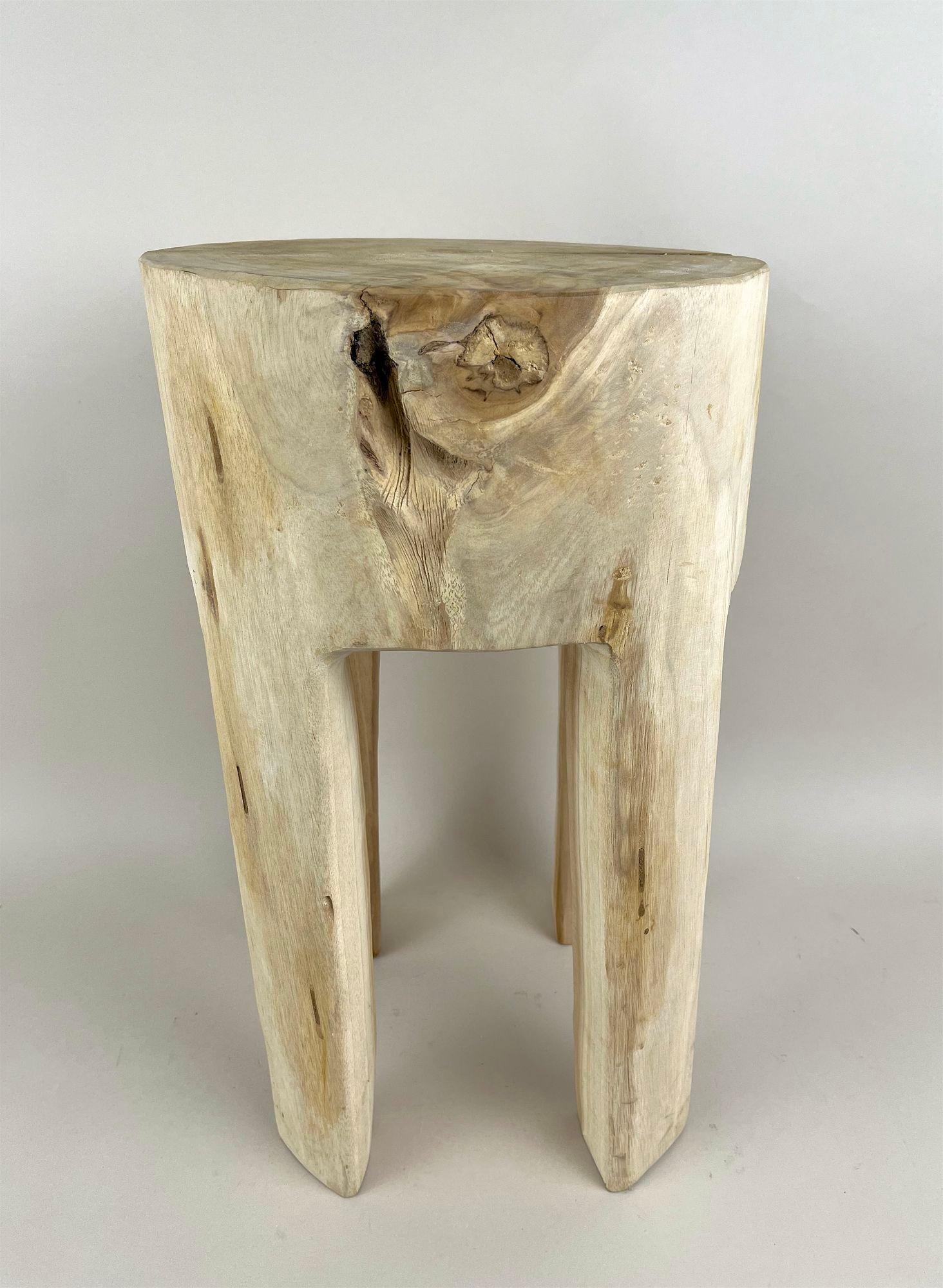 Contemporary Rustic Handcarved Teak Wood Side Table/ Stool, Bleached, IDN 2024 For Sale