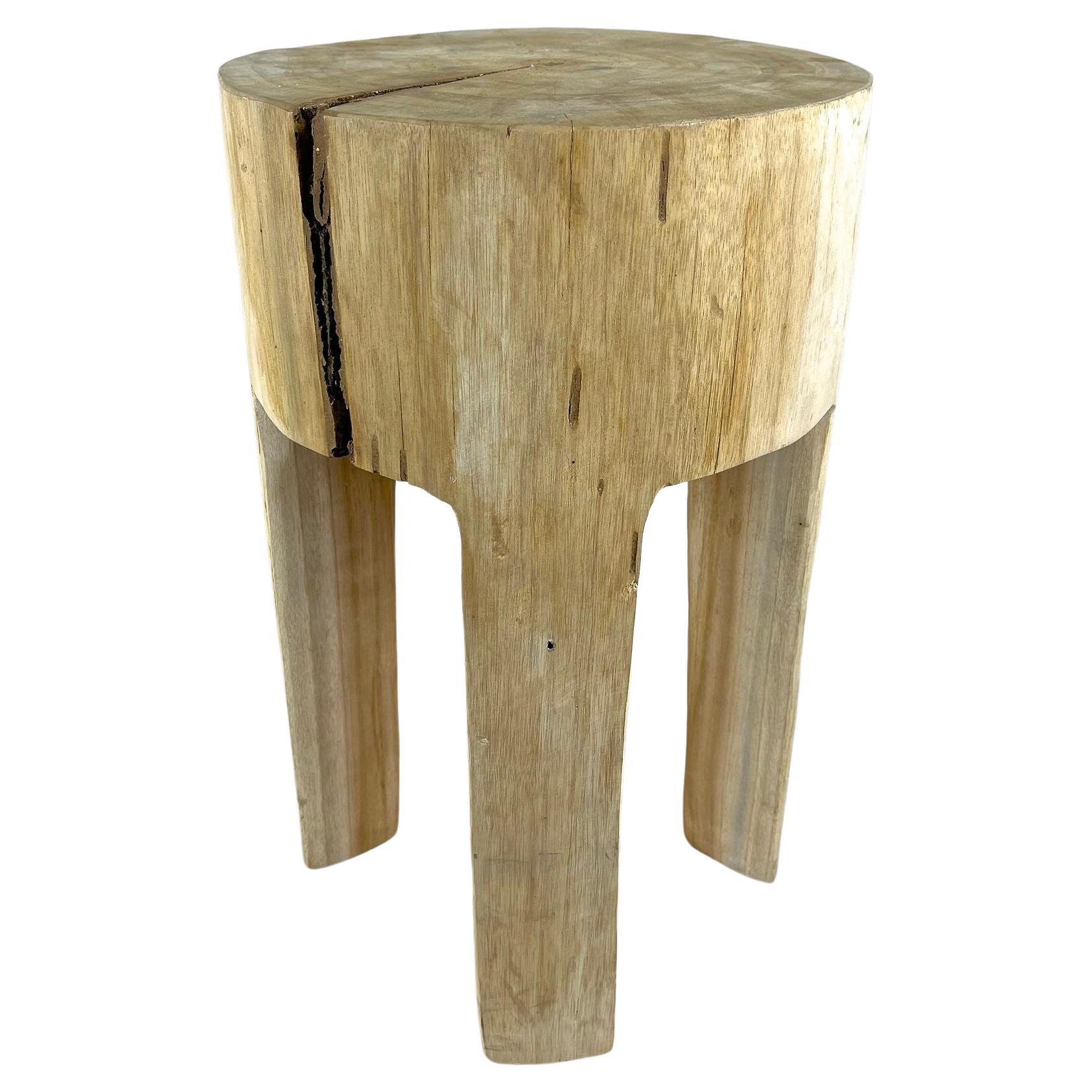 Rustic Handcarved Teak Wood Side Table/ Stool, Bleached, IDN 2024