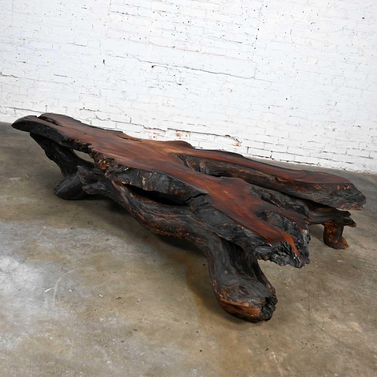 Rustic Handcrafted Free Form Live Edge Slab Burl Redwood Very Large Coffee Table For Sale 4