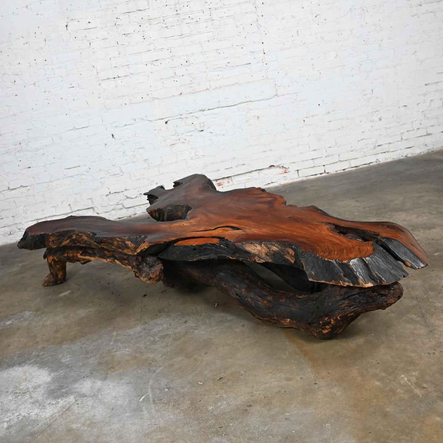 Rustic Handcrafted Free Form Live Edge Slab Burl Redwood Very Large Coffee Table For Sale 5