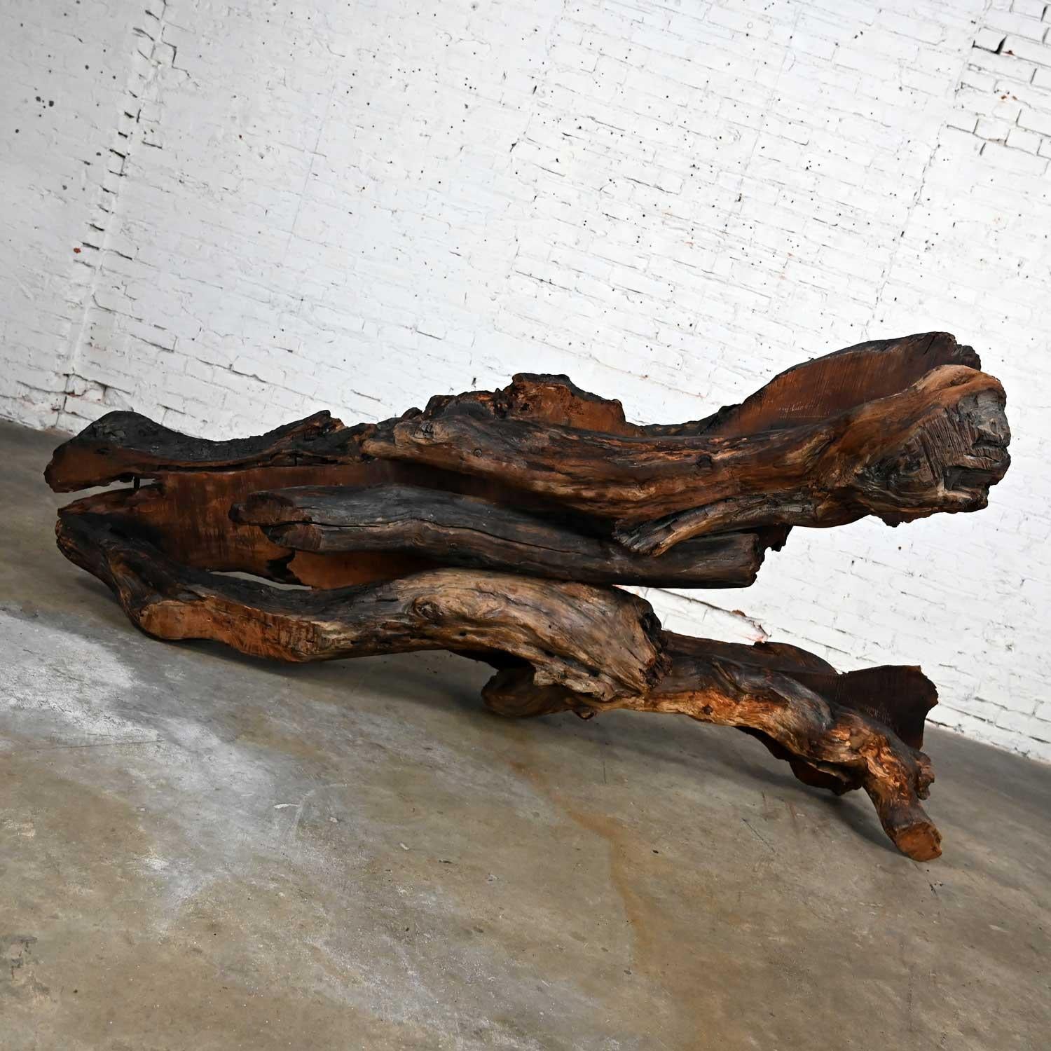Rustic Handcrafted Free Form Live Edge Slab Burl Redwood Very Large Coffee Table For Sale 7