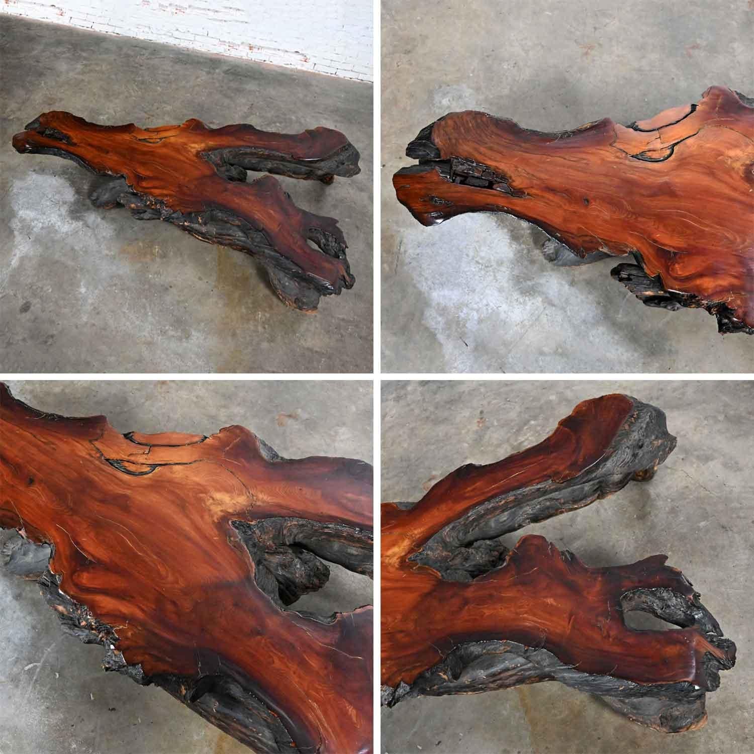 Rustic Handcrafted Free Form Live Edge Slab Burl Redwood Very Large Coffee Table For Sale 8
