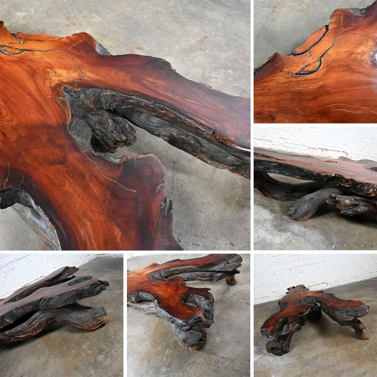 Rustic Handcrafted Free Form Live Edge Slab Burl Redwood Very Large Coffee Table For Sale 9