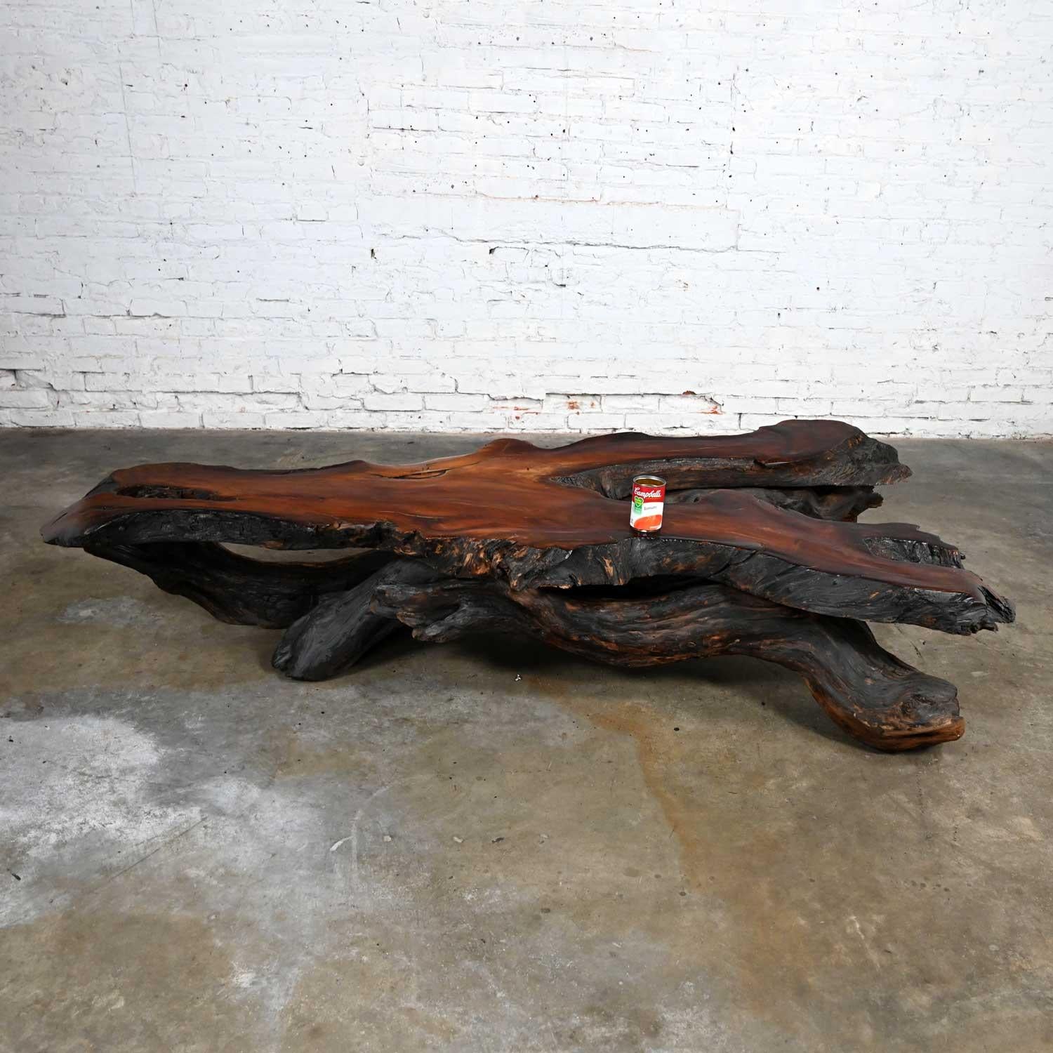 Rustic Handcrafted Free Form Live Edge Slab Burl Redwood Very Large Coffee Table For Sale 11