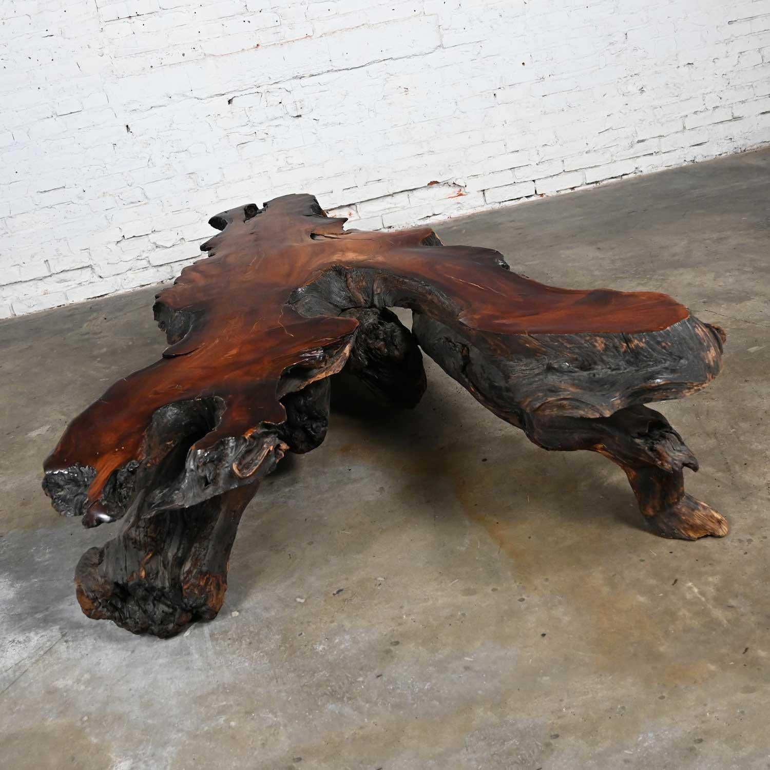 American Rustic Handcrafted Free Form Live Edge Slab Burl Redwood Very Large Coffee Table For Sale