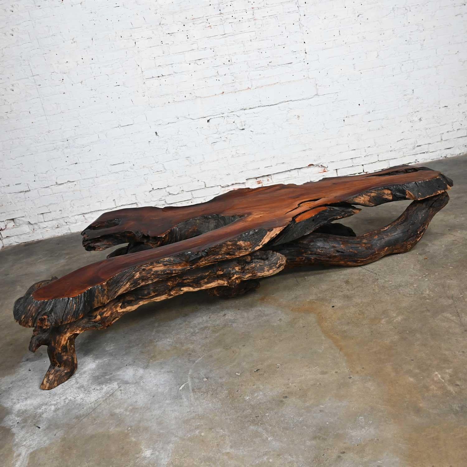 Rustic Handcrafted Free Form Live Edge Slab Burl Redwood Very Large Coffee Table In Good Condition For Sale In Topeka, KS