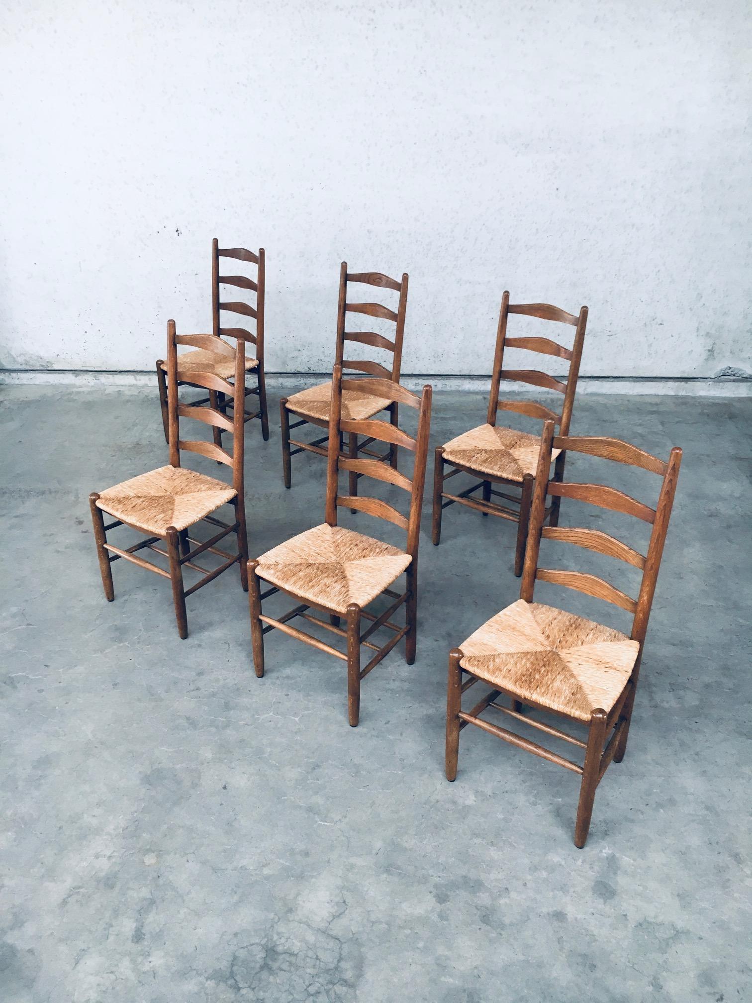 Belgian Rustic Handcrafted Oak & Rush Dining Chair Set, Belgium 1950's