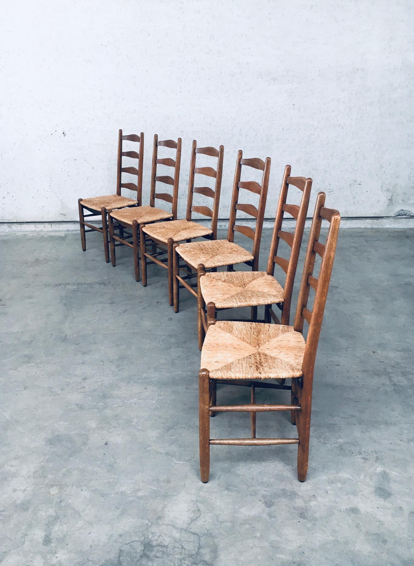 Rustic Handcrafted Oak & Rush Dining Chair Set, Belgium 1950's In Good Condition In Oud-Turnhout, VAN