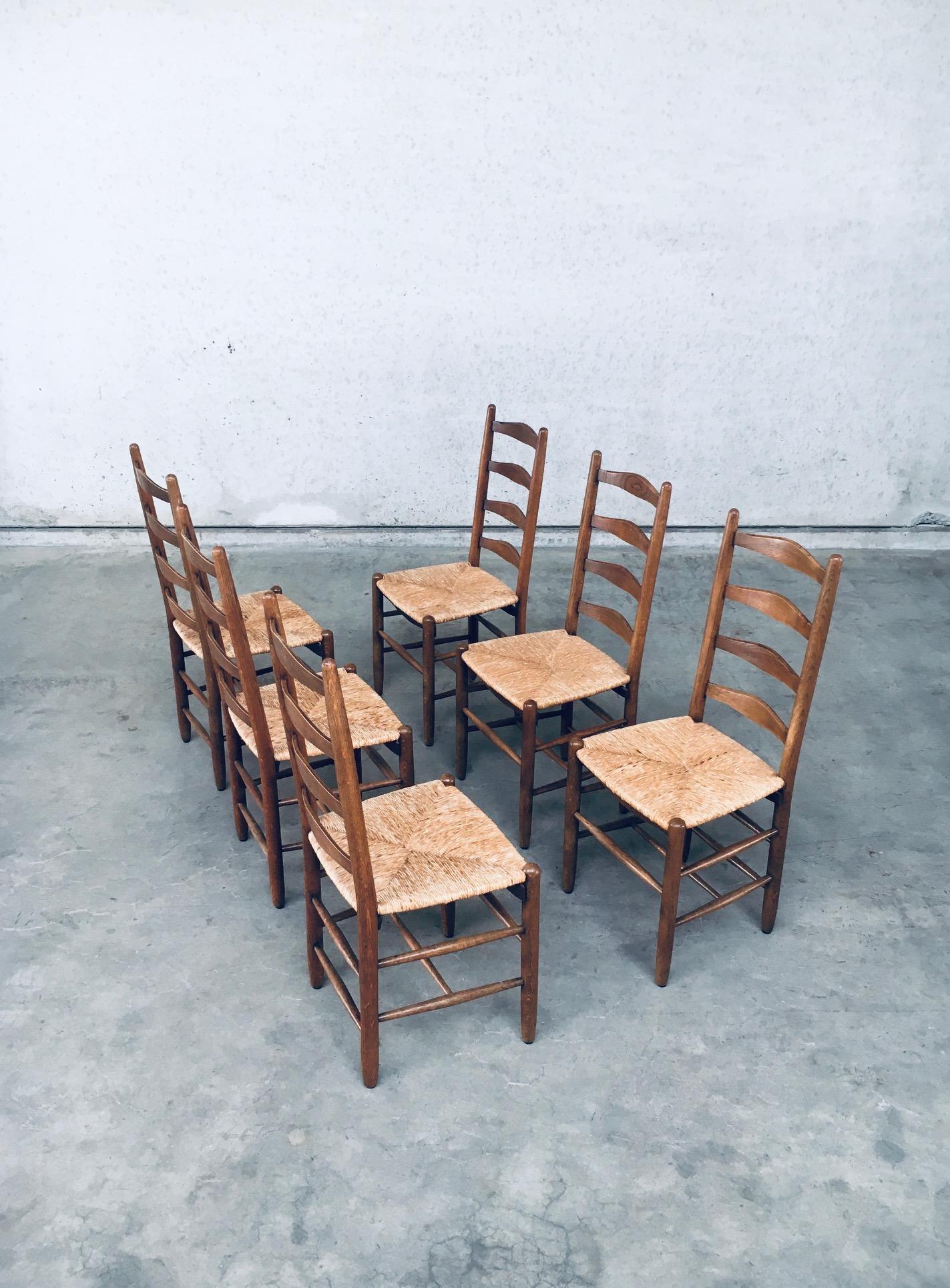 Mid-20th Century Rustic Handcrafted Oak & Rush Dining Chair Set, Belgium 1950's