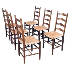 Rustic Handcrafted Oak 
Rush Dining Chair Set, Belgium 1950
s