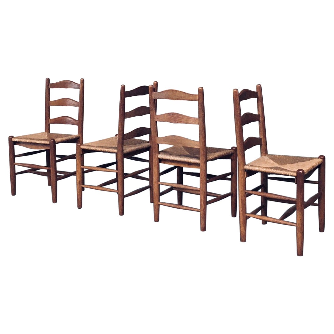 Rustic Handcrafted Oak 
Rush Dining Chair Set, Belgium 1950
s