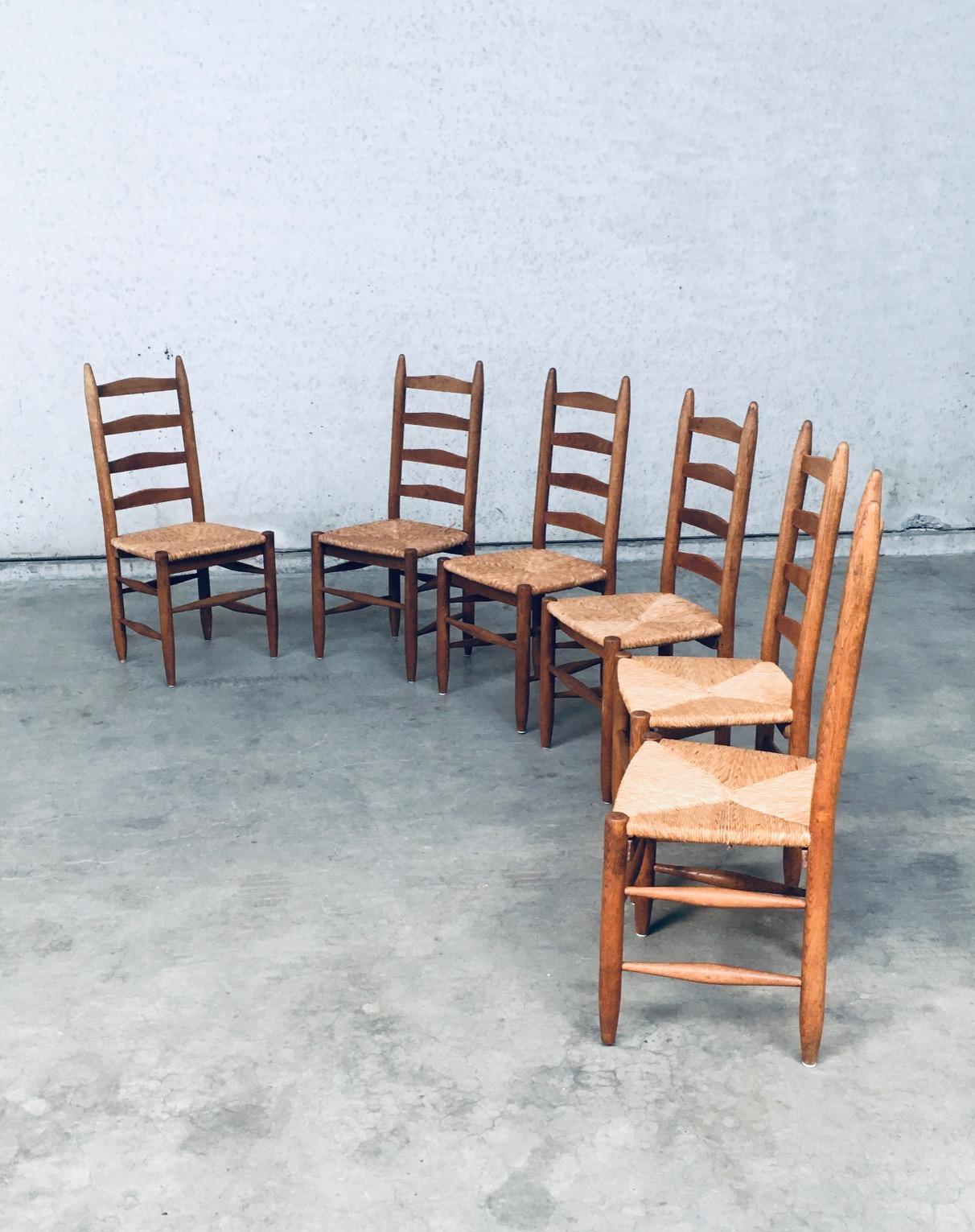 Belgian Rustic Handcrafted Oak & Rush Dining Chair Set of 6, Belgium 1950's