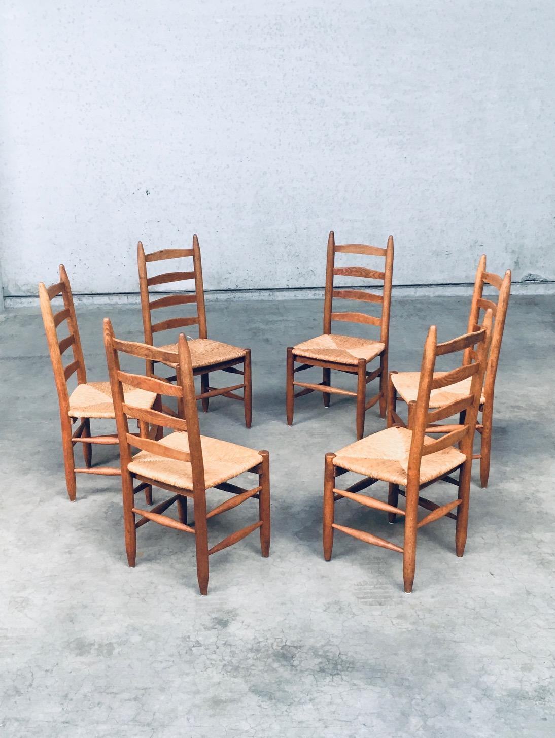 Mid-20th Century Rustic Handcrafted Oak & Rush Dining Chair Set of 6, Belgium 1950's