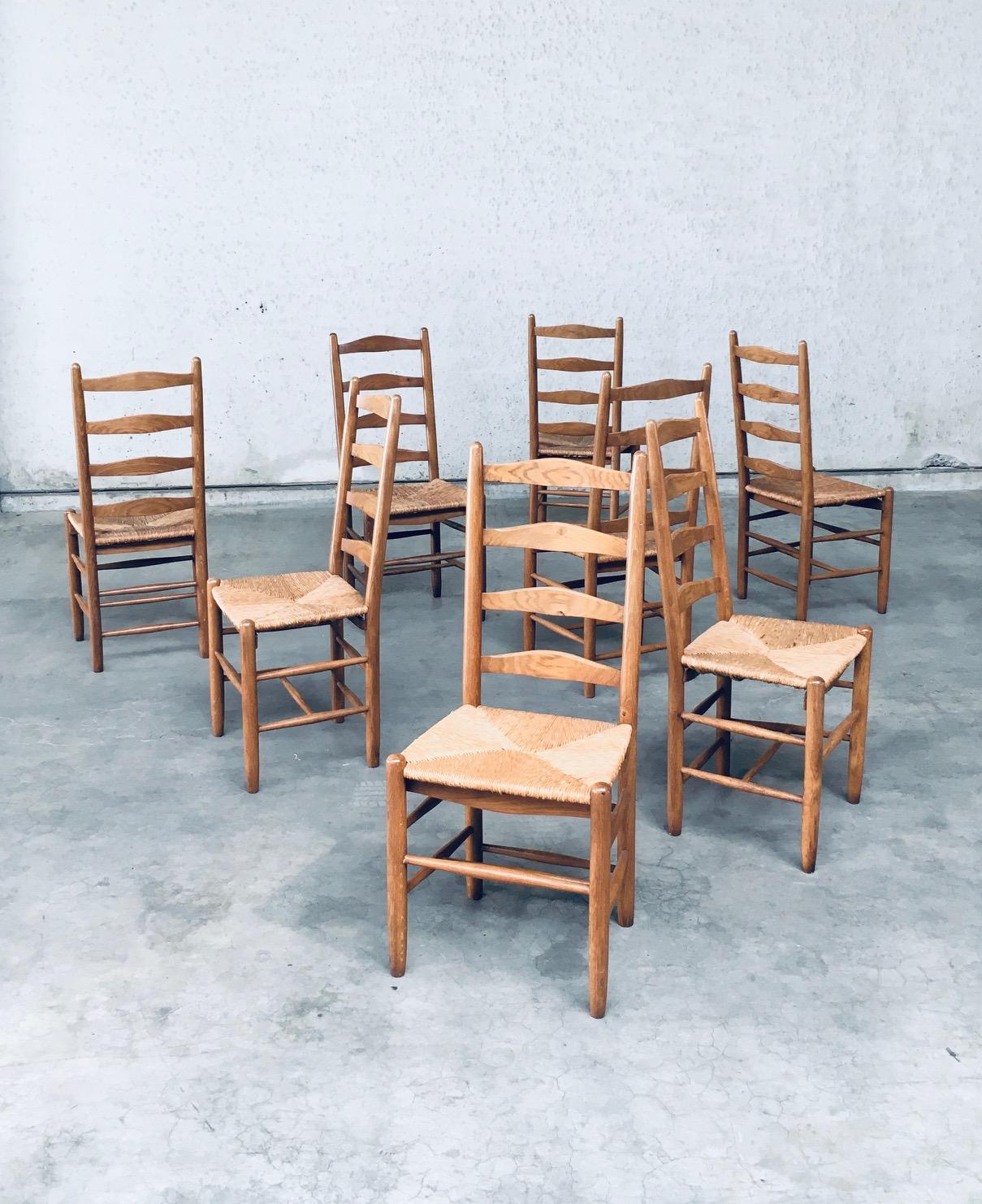 Rustic Handcrafted Oak & Rush Dining Chair Set of 8, Belgium 1950's In Good Condition In Oud-Turnhout, VAN