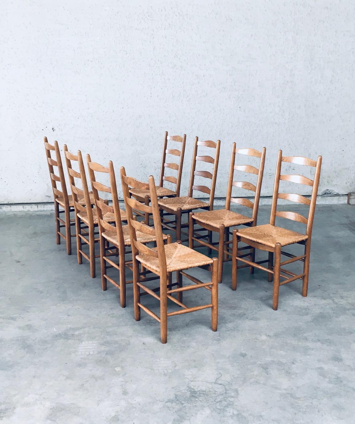 Mid-20th Century Rustic Handcrafted Oak & Rush Dining Chair Set of 8, Belgium 1950's