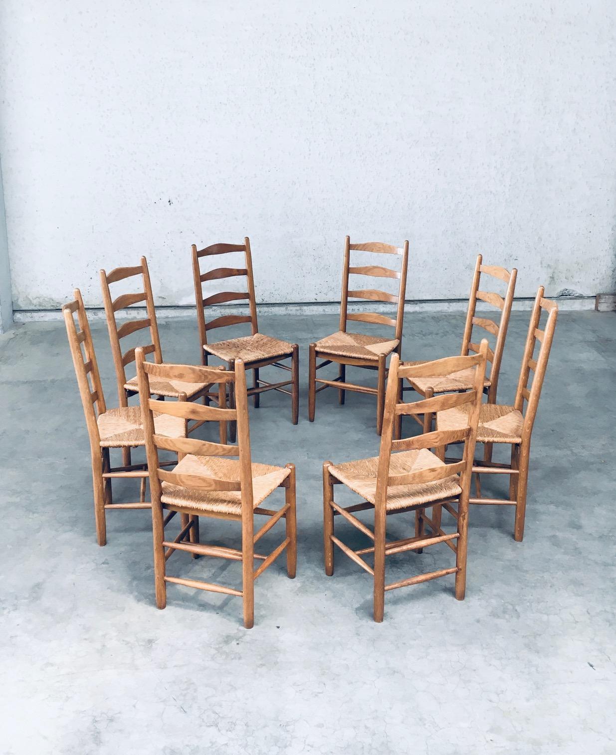 Rustic Handcrafted Oak & Rush Dining Chair Set of 8, Belgium 1950's 1