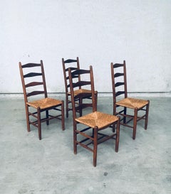 Sedie da pranzo rustiche con schienale alto realizzate a mano in Oak e giunco, Belgio, anni '40