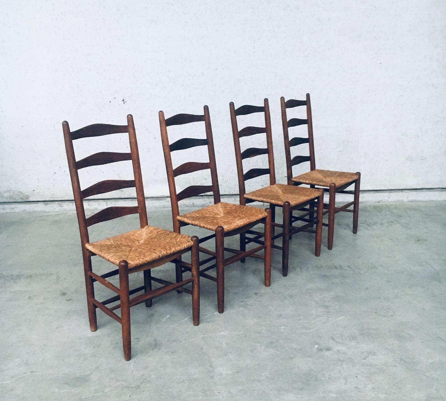 Rustico Sedie da pranzo rustiche con schienale alto realizzate a mano in Oak e giunco, Belgio, anni '40 in vendita