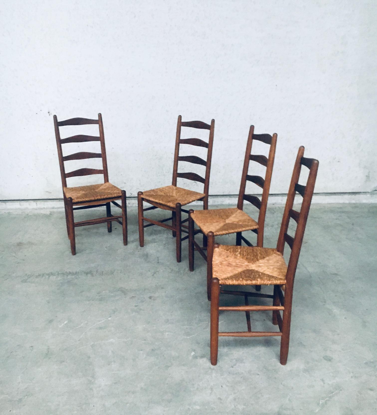 Belga Sedie da pranzo rustiche con schienale alto realizzate a mano in Oak e giunco, Belgio, anni '40 in vendita