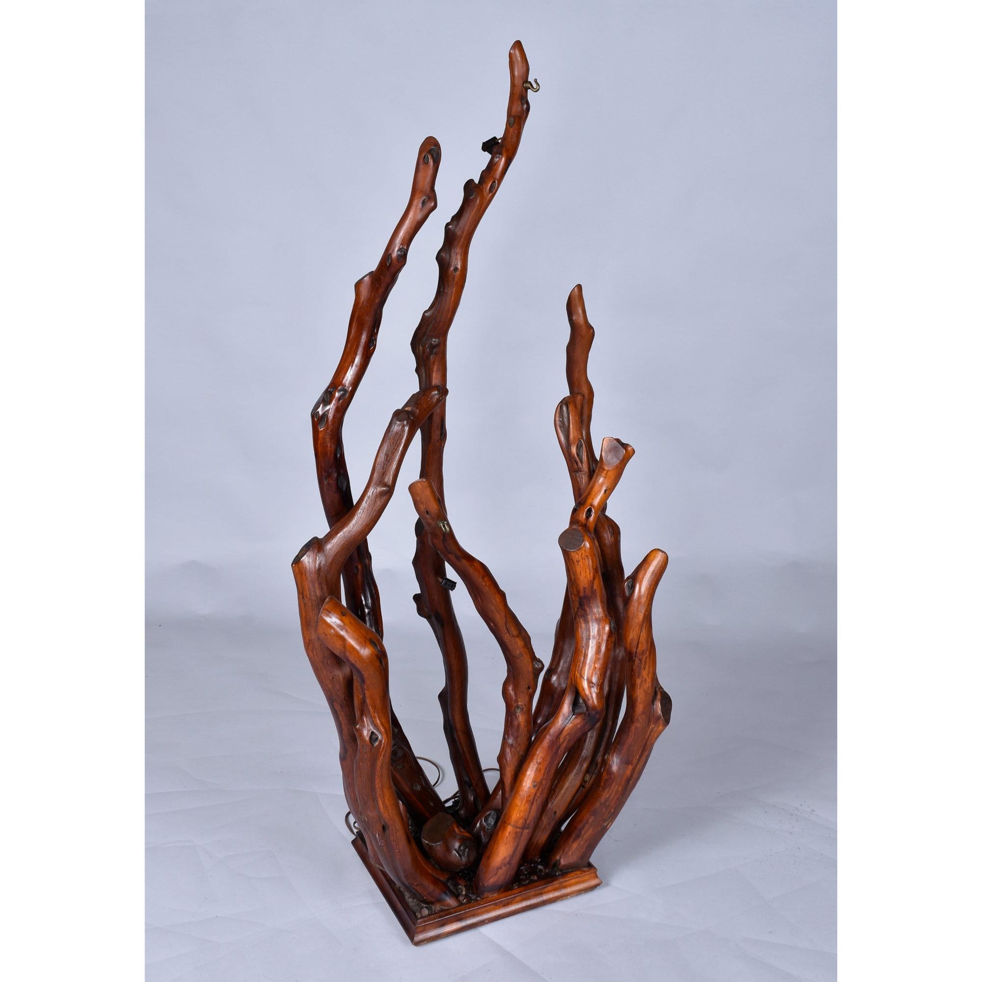 Rustic Handcrafted Tree Branch Floor Lamp with Amber Glass Globes For Sale 4