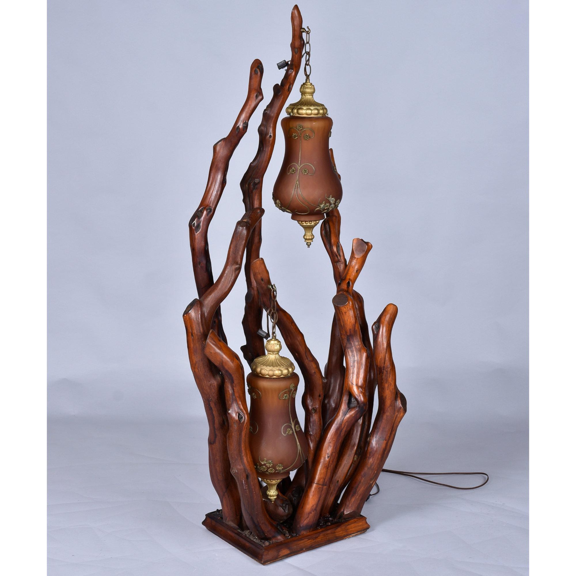 Rustic Handcrafted Tree Branch Floor Lamp with Amber Glass Globes For Sale 5
