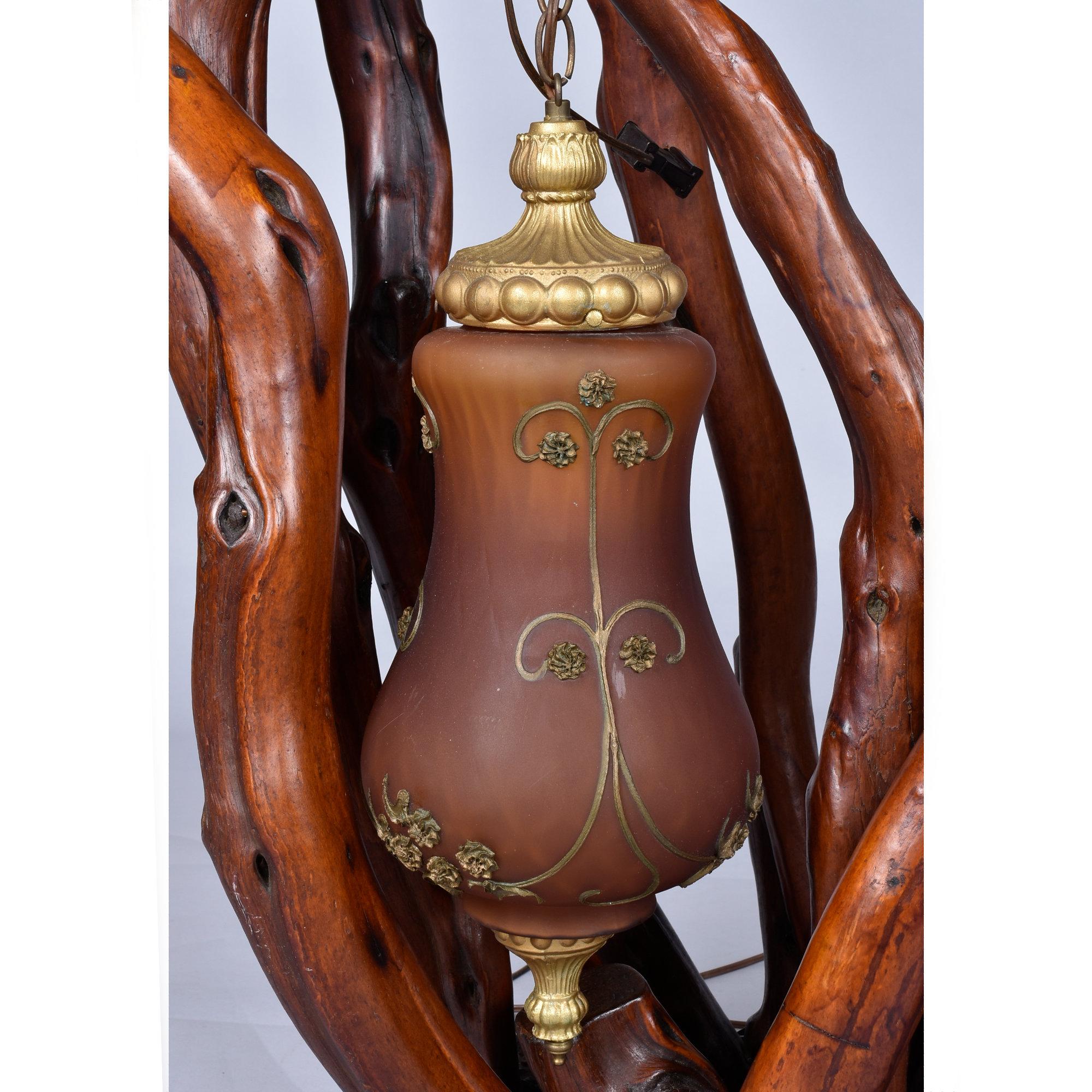 Rustic Handcrafted Tree Branch Floor Lamp with Amber Glass Globes For Sale 7