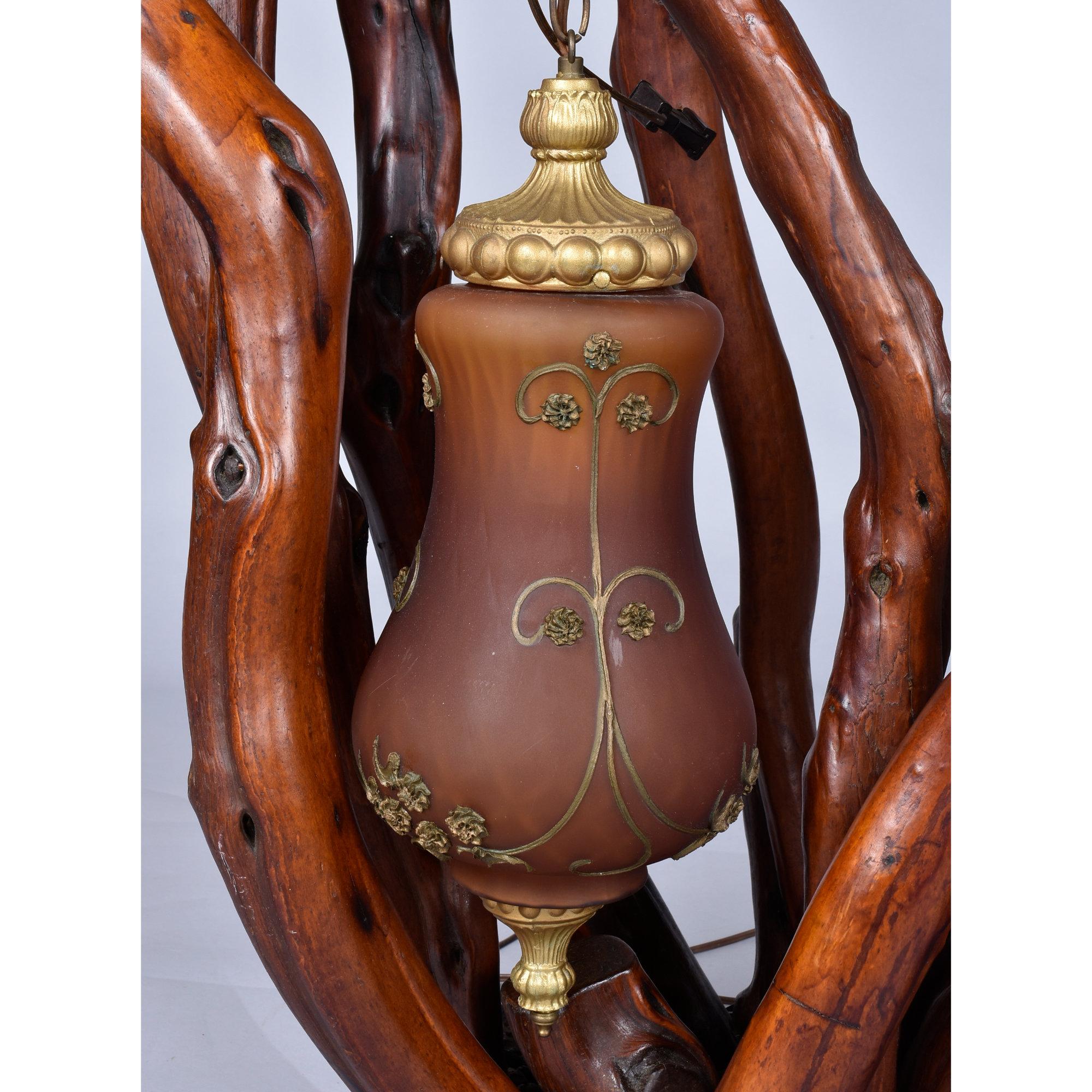 Rustic Handcrafted Tree Branch Floor Lamp with Amber Glass Globes For Sale 8