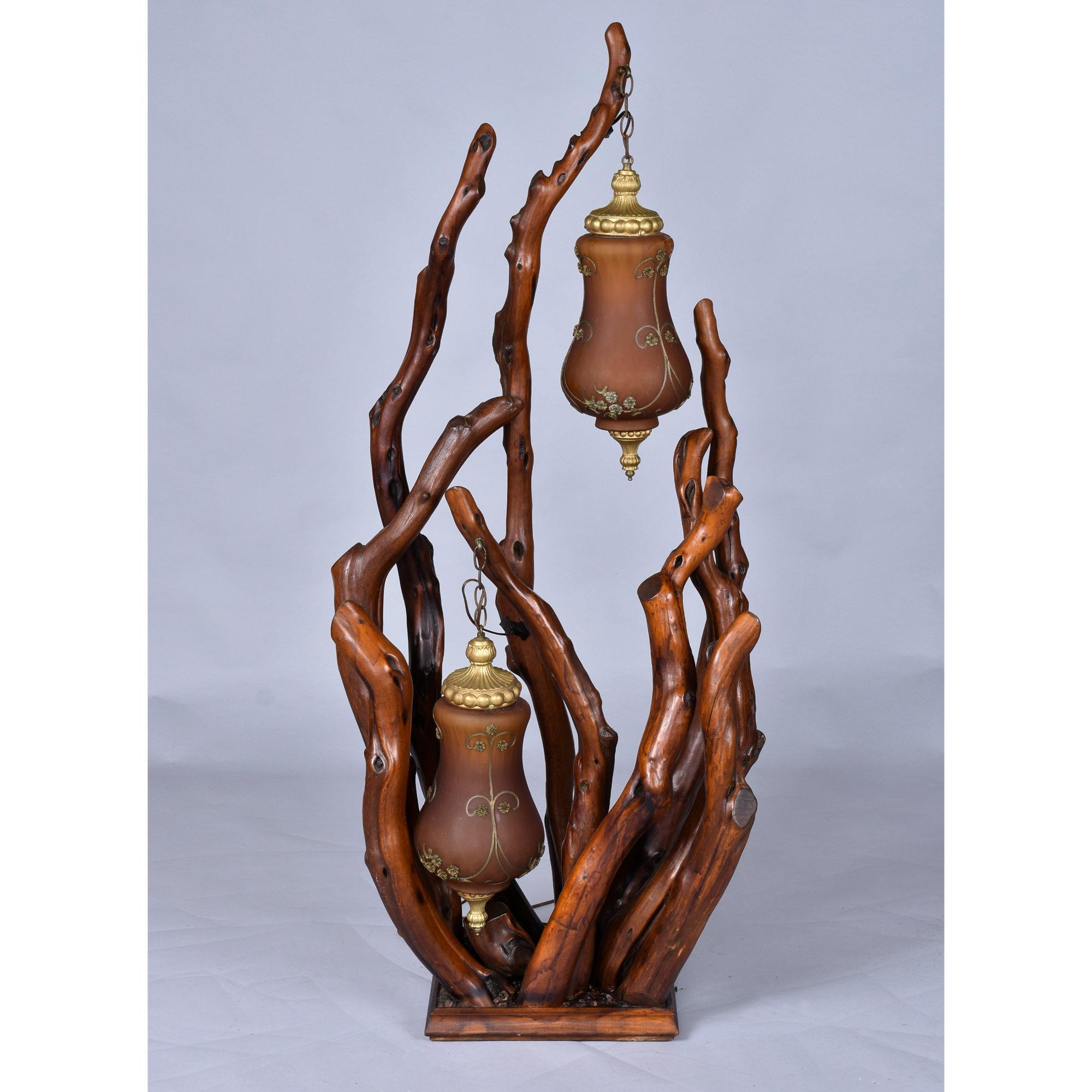 Rustic Handcrafted Tree Branch Floor Lamp with Amber Glass Globes For Sale 9