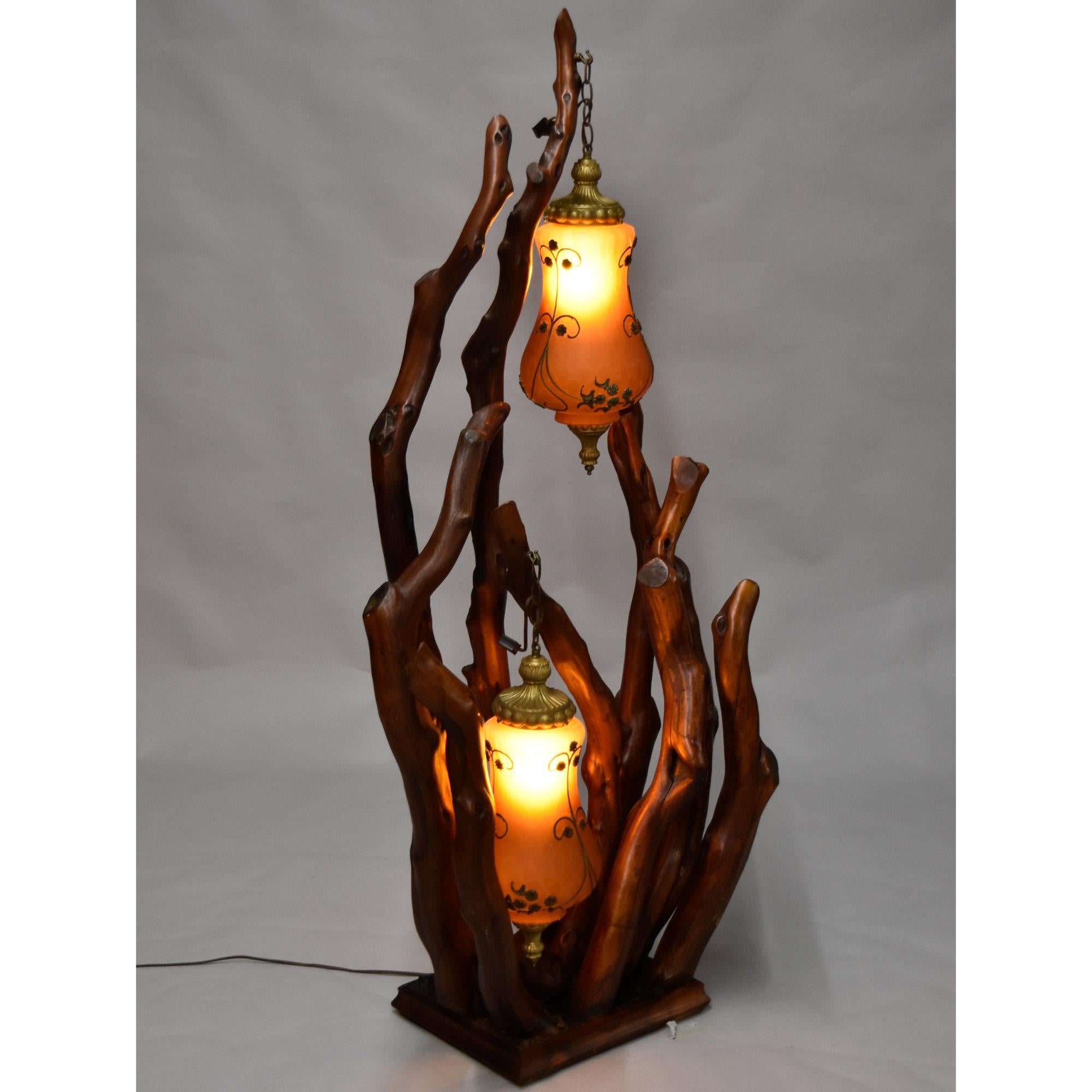 Rustic Handcrafted Tree Branch Floor Lamp with Amber Glass Globes For Sale 11