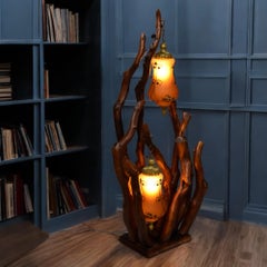 Rustic Handcrafted Tree Branch Floor Lamp with Amber Glass Globes