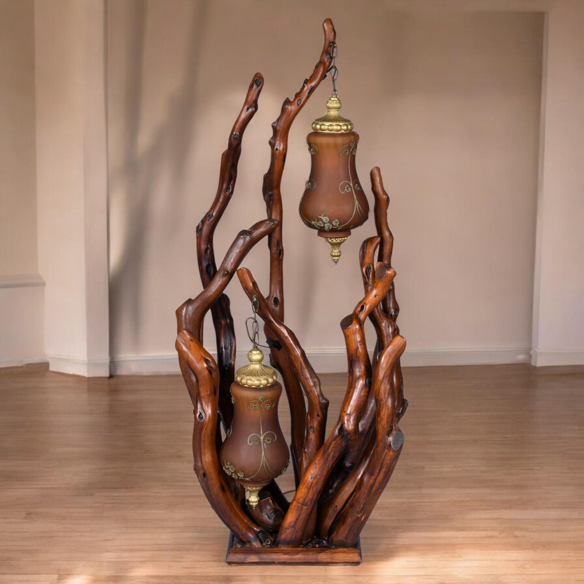 Organic Modern Rustic Handcrafted Tree Branch Floor Lamp with Amber Glass Globes For Sale