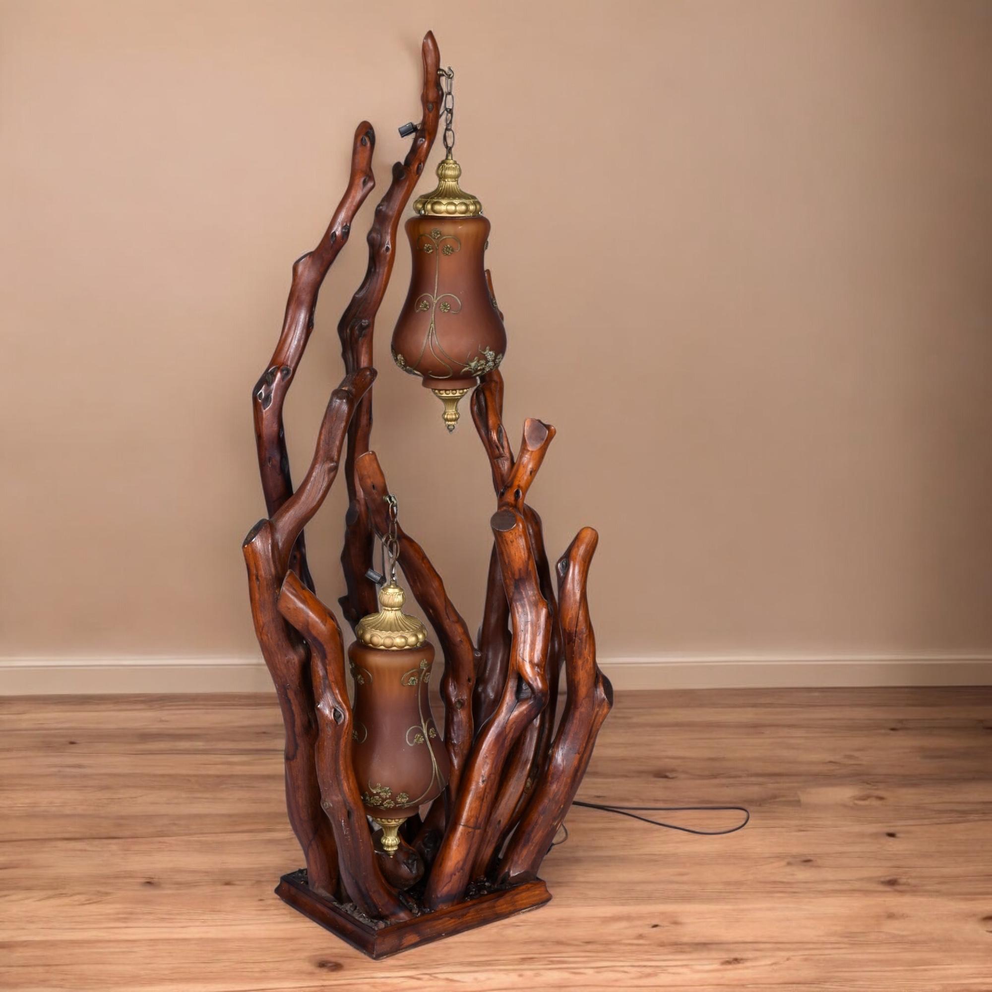 American Rustic Handcrafted Tree Branch Floor Lamp with Amber Glass Globes For Sale