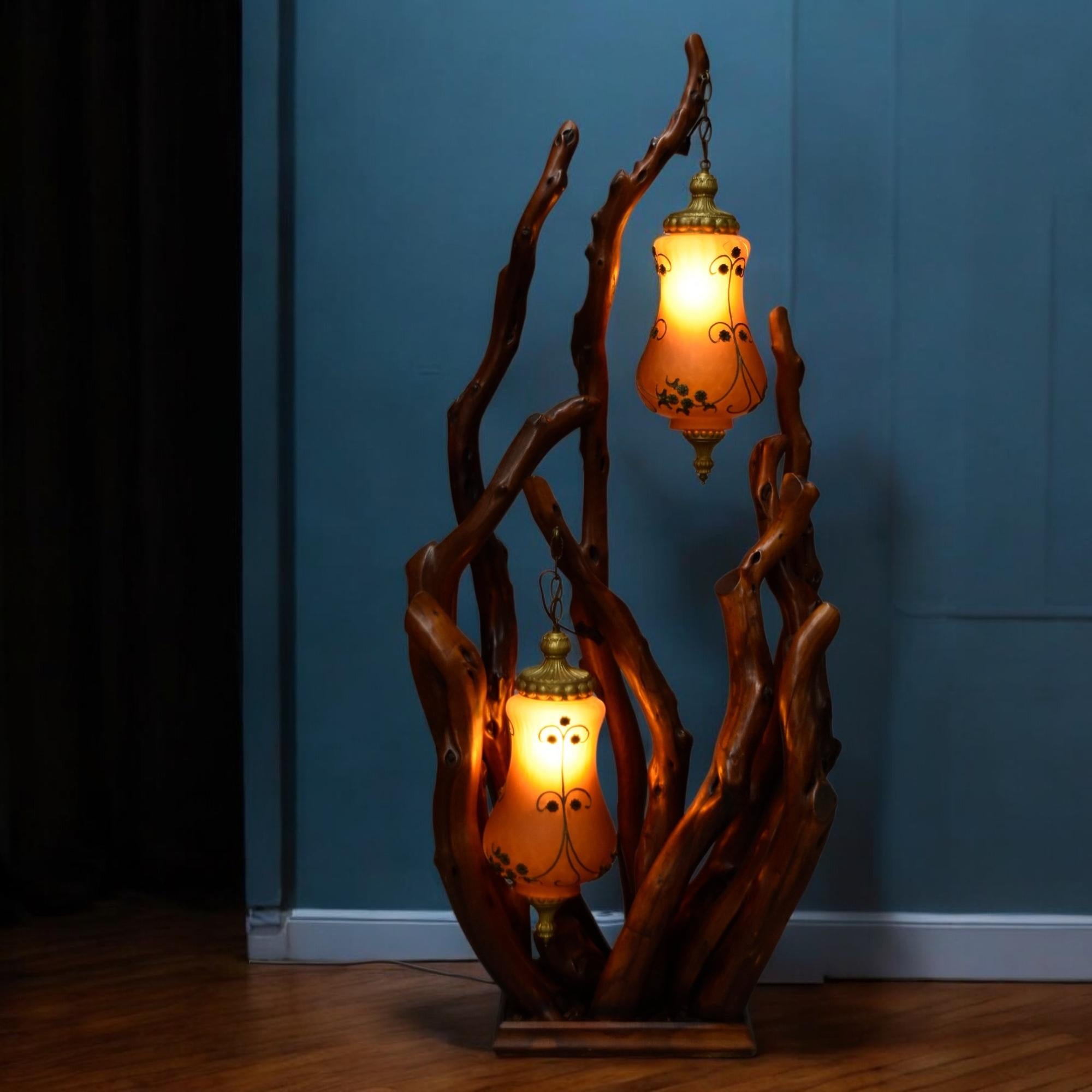 Rustic Handcrafted Tree Branch Floor Lamp with Amber Glass Globes In Good Condition For Sale In Chattanooga, TN