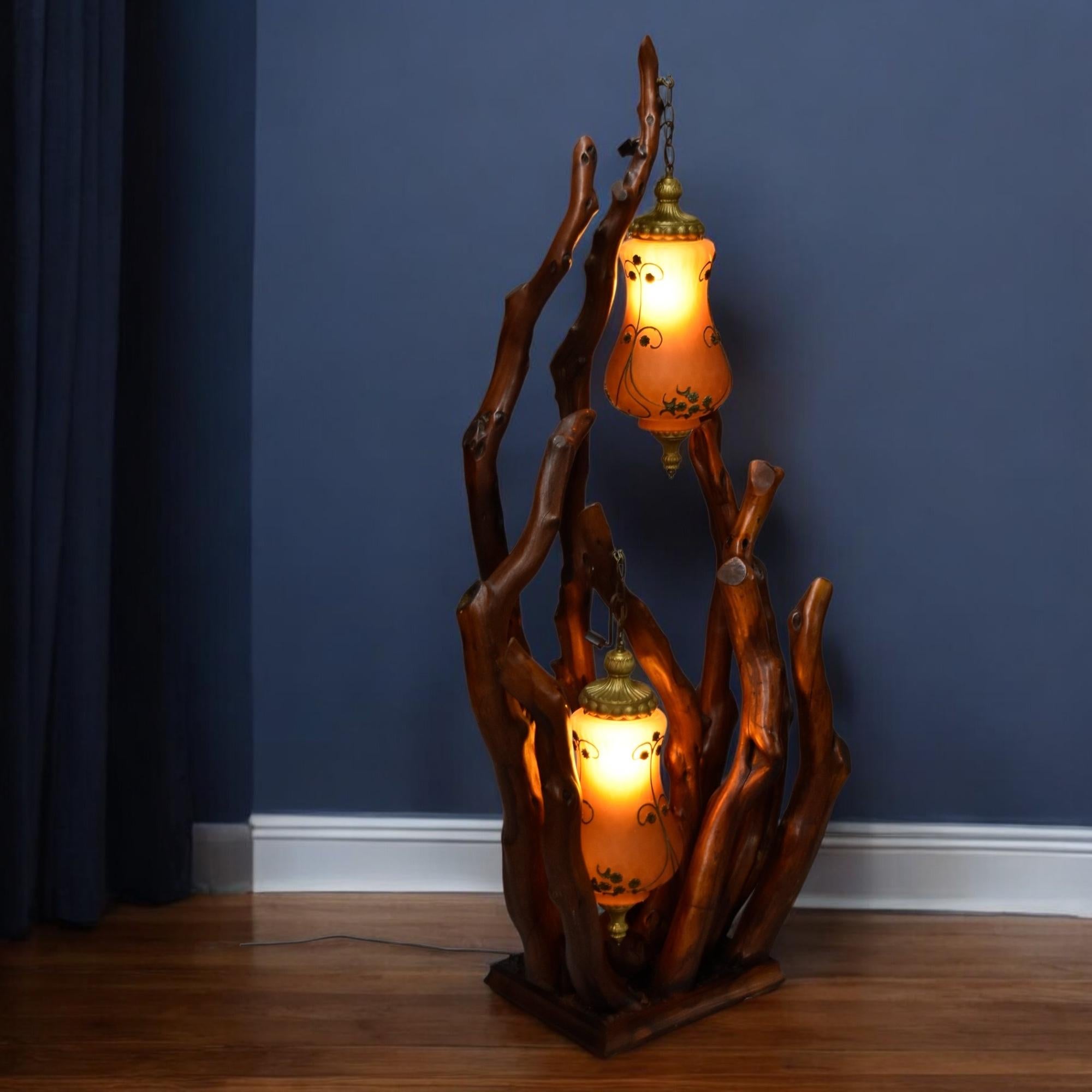 Mid-20th Century Rustic Handcrafted Tree Branch Floor Lamp with Amber Glass Globes For Sale