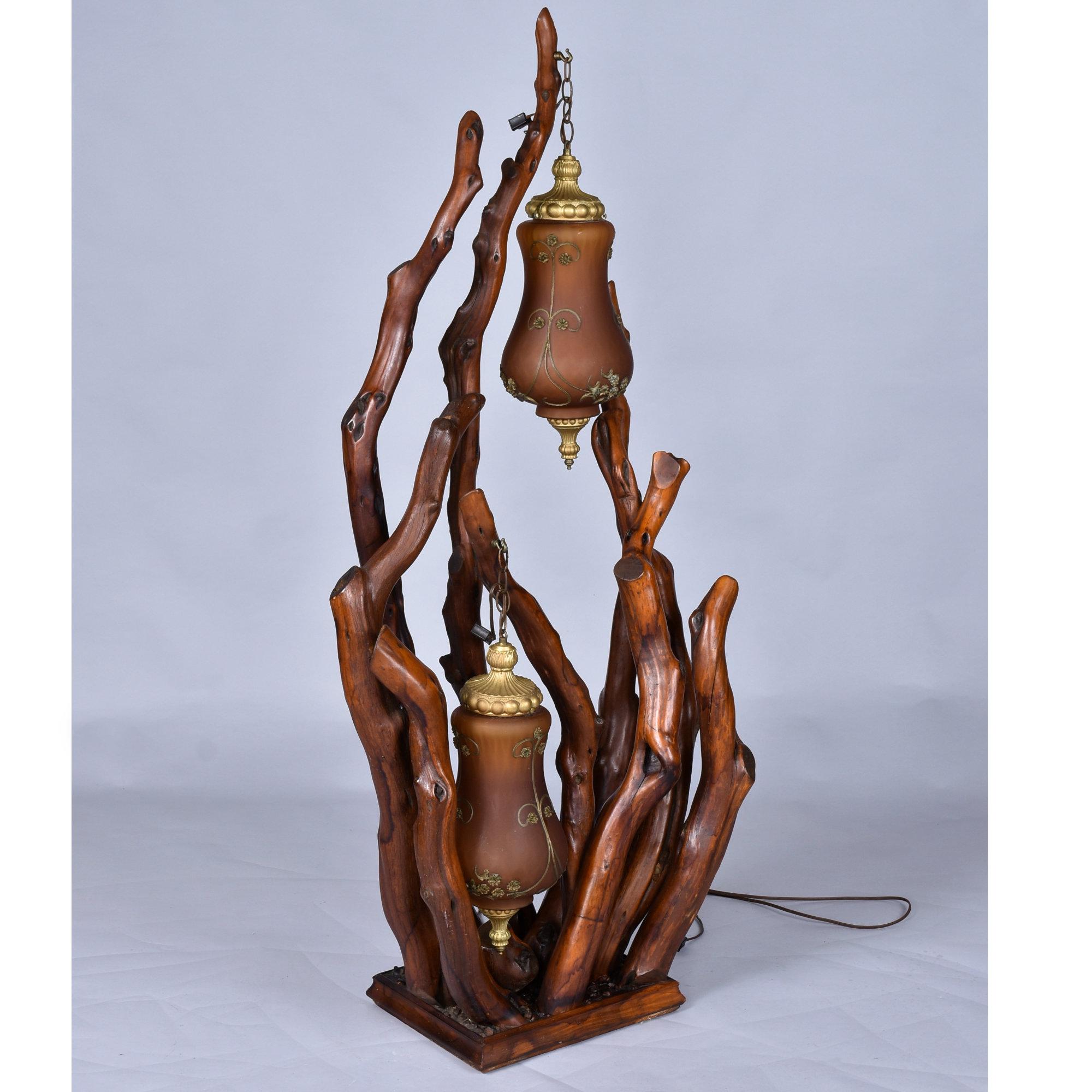Metal Rustic Handcrafted Tree Branch Floor Lamp with Amber Glass Globes For Sale