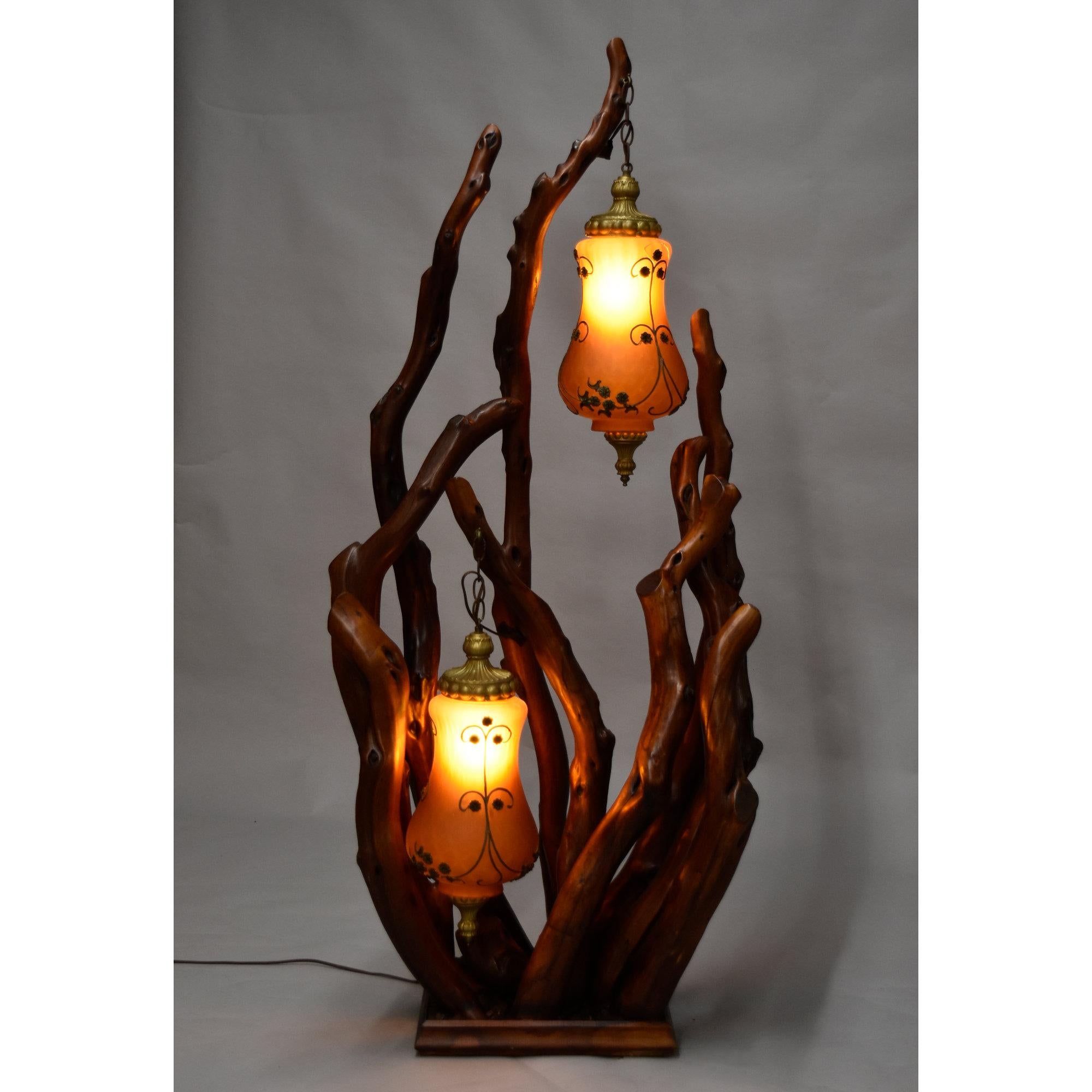 Rustic Handcrafted Tree Branch Floor Lamp with Amber Glass Globes For Sale 1