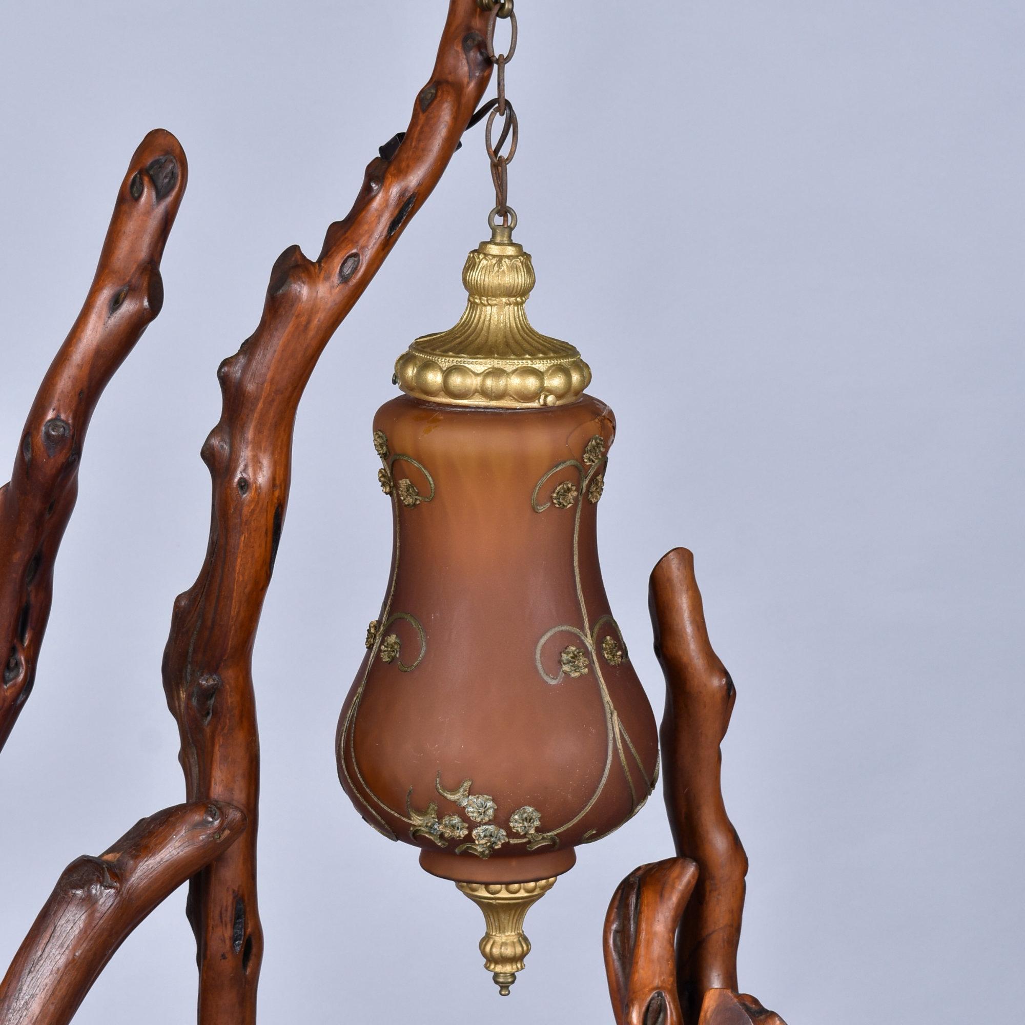 Rustic Handcrafted Tree Branch Floor Lamp with Amber Glass Globes For Sale 2