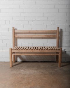 Rustic Lodge Style Solid Wood Slatted Bench with Log Frame and Natural Finish