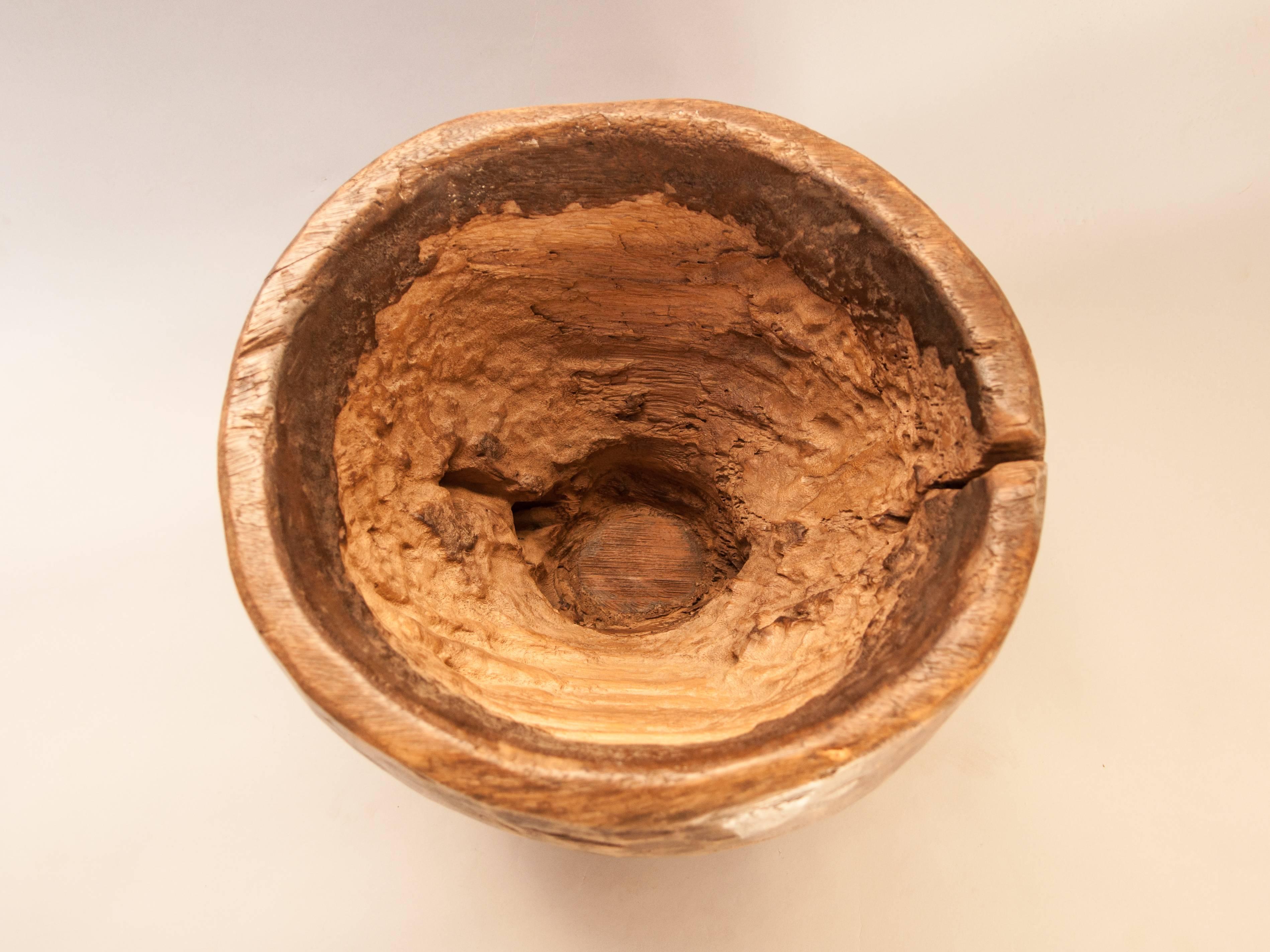 Rustic Hand Hewn Wooden Mortar Bowl, Teak, Java, Mid-20th Century In Distressed Condition In Point Richmond, CA