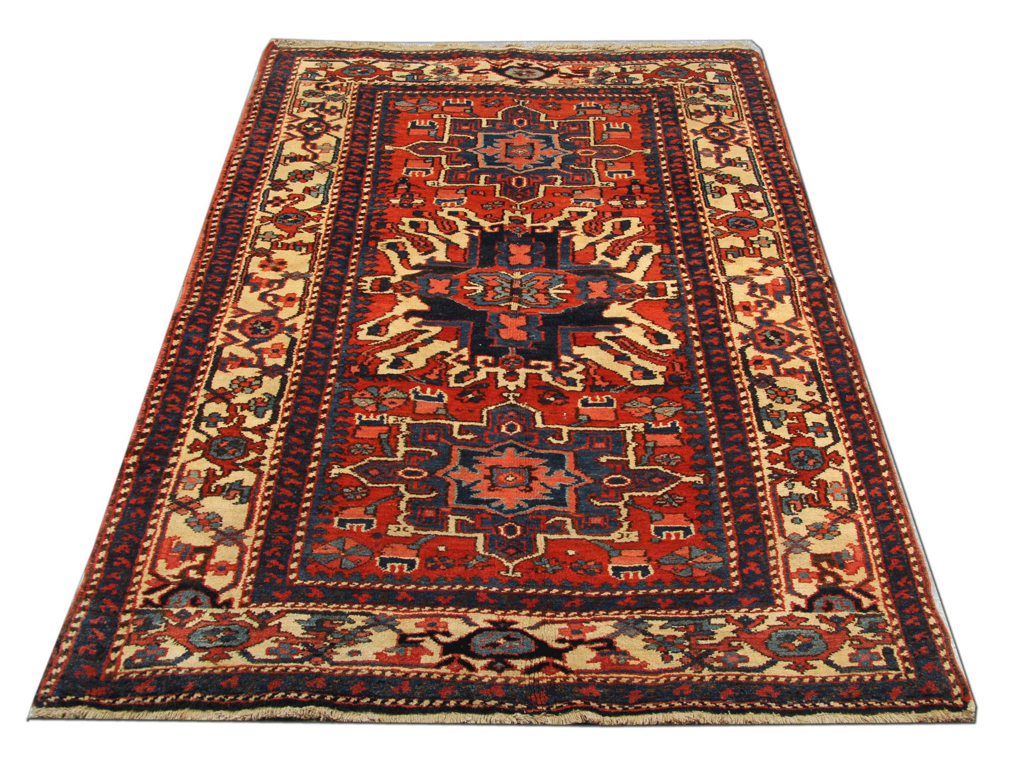Early 20th Century Rustic Handmade Carpet Oriental Geometric Rug Rust Wool Livingroom Rug For Sale