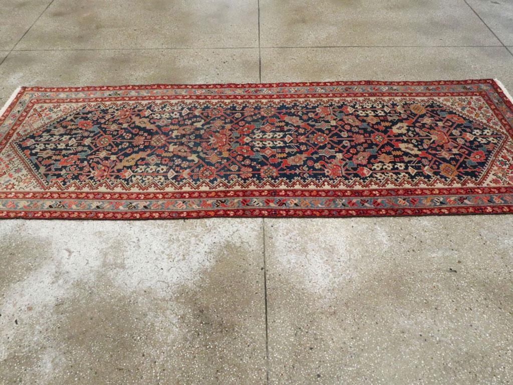 Wool Rustic Handmade Persian Runner in Navy, Red, Ivory, and Light Blue For Sale