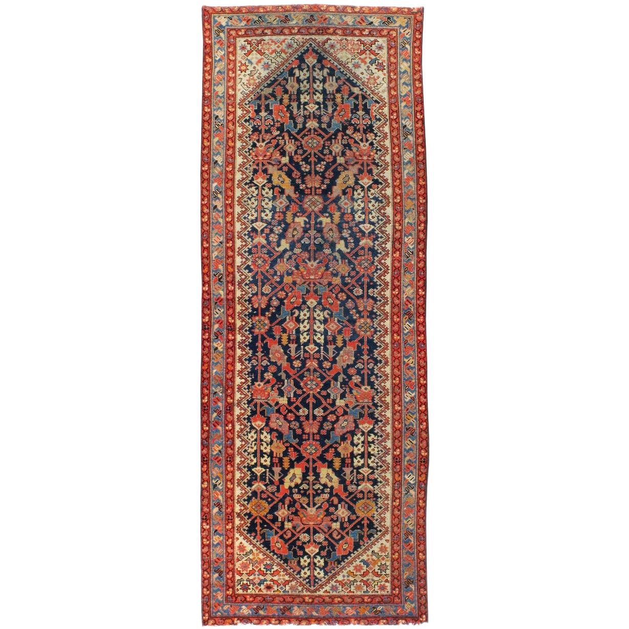 Rustic Handmade Persian Runner in Navy, Red, Ivory, and Light Blue For Sale