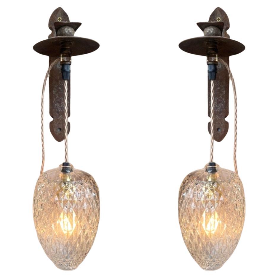 Pair of Rustic Hanging Cut Glass Wall Lights