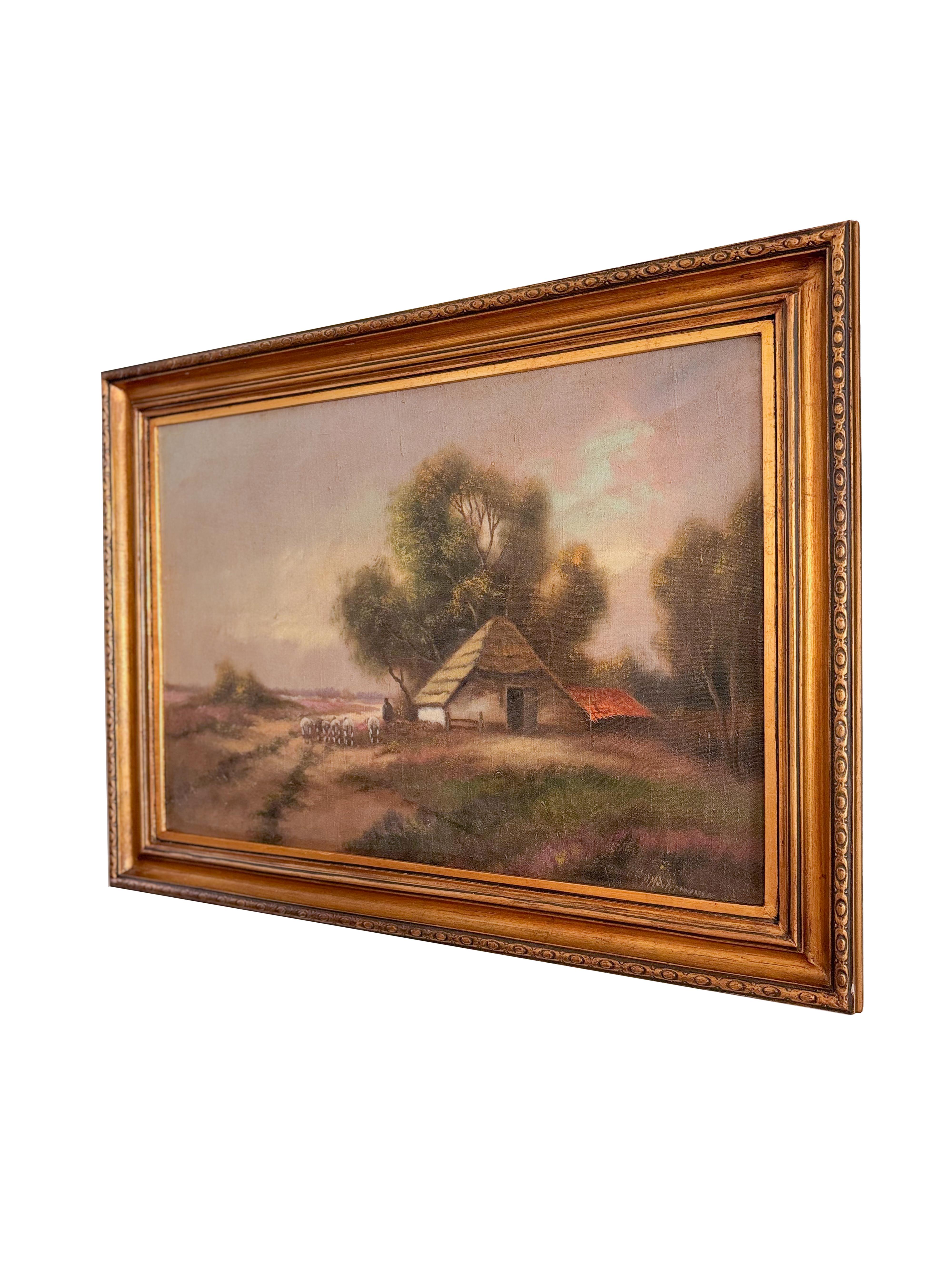 Rustikales Ölgemälde, Hay Cottage, Landschaftsssszene, 1900er Jahre (Französisch) im Angebot