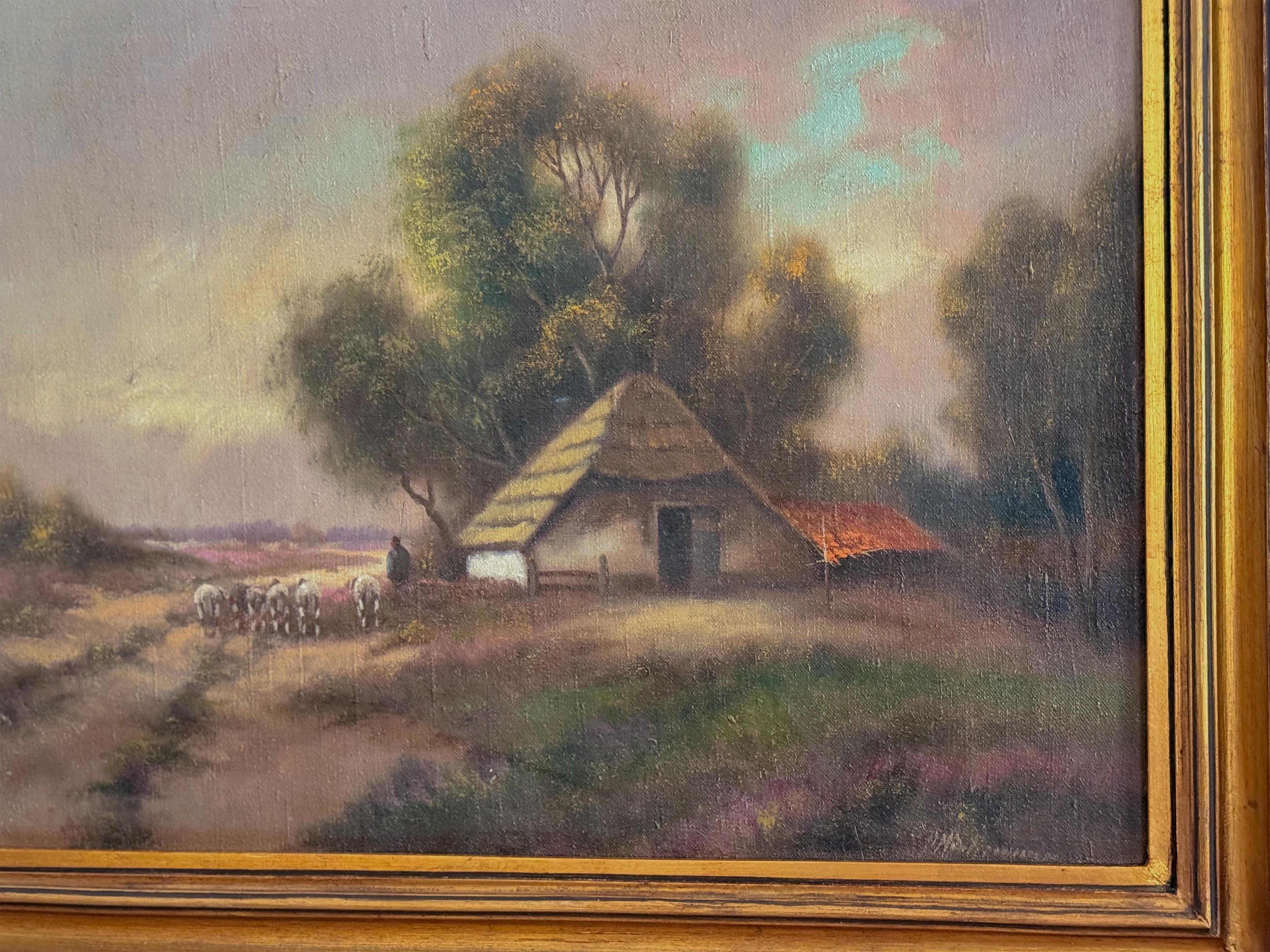 Rustikales Ölgemälde, Hay Cottage, Landschaftsssszene, 1900er Jahre (Geölt) im Angebot