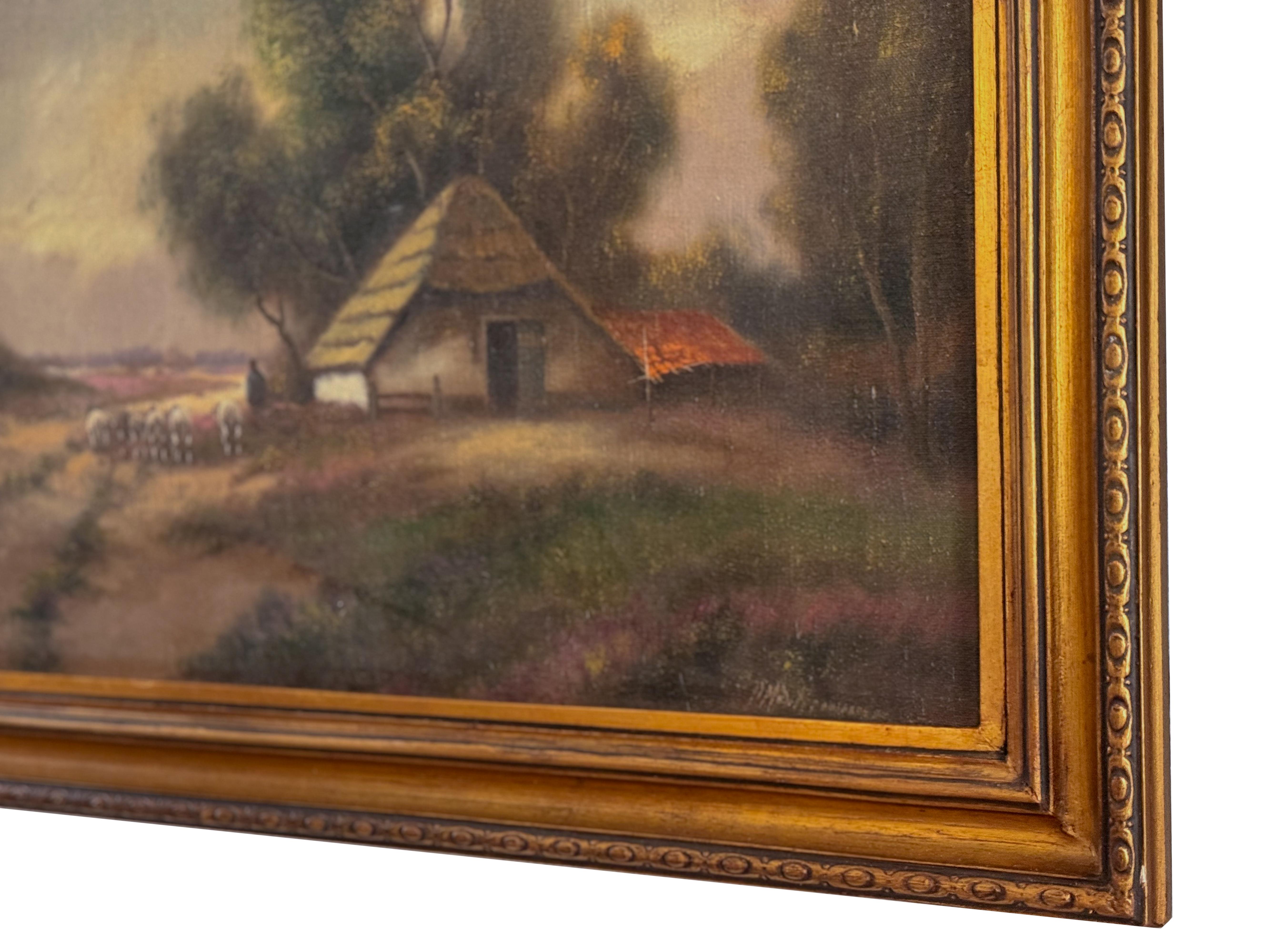 Rustikales Ölgemälde, Hay Cottage, Landschaftsssszene, 1900er Jahre (Geölt) im Angebot