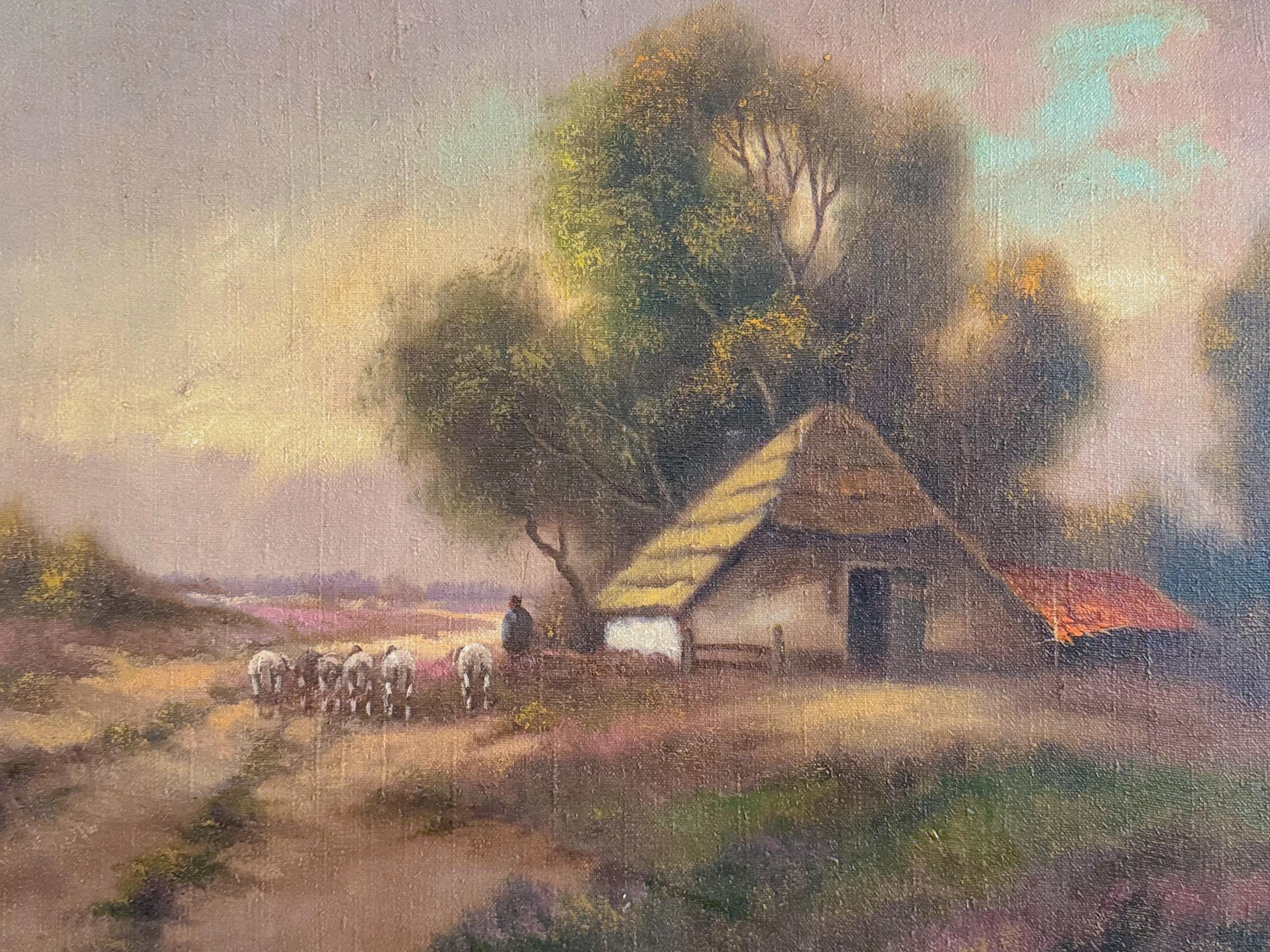 Rustikales Ölgemälde, Hay Cottage, Landschaftsssszene, 1900er Jahre (20. Jahrhundert) im Angebot