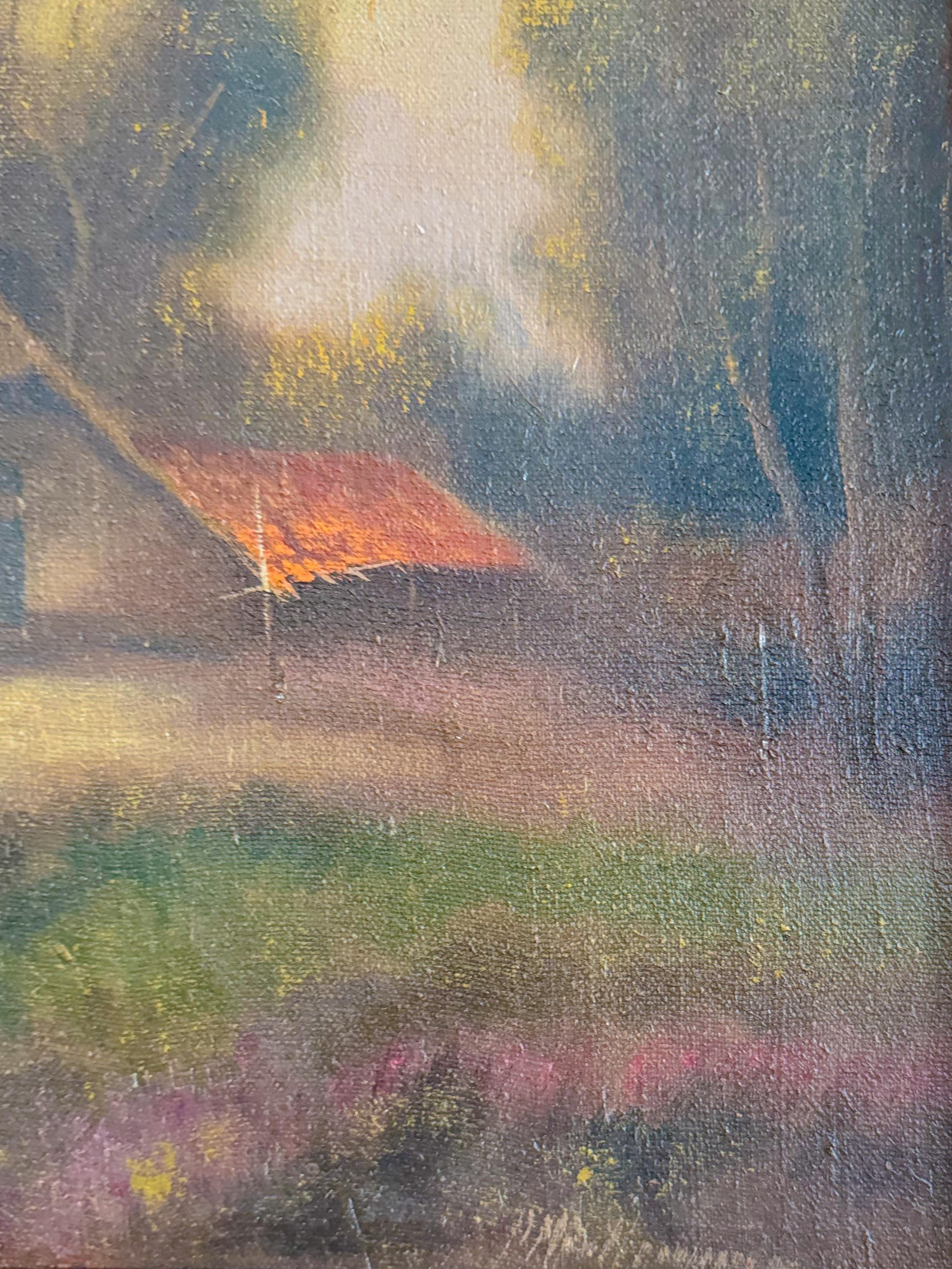 Rustikales Ölgemälde, Hay Cottage, Landschaftsssszene, 1900er Jahre (Leinwand) im Angebot