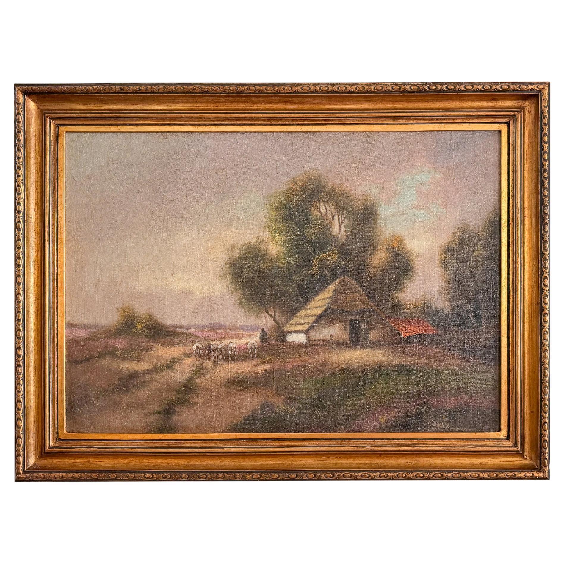 Pintura al óleo rústica de una cabaña de heno, escena campestre, 1900